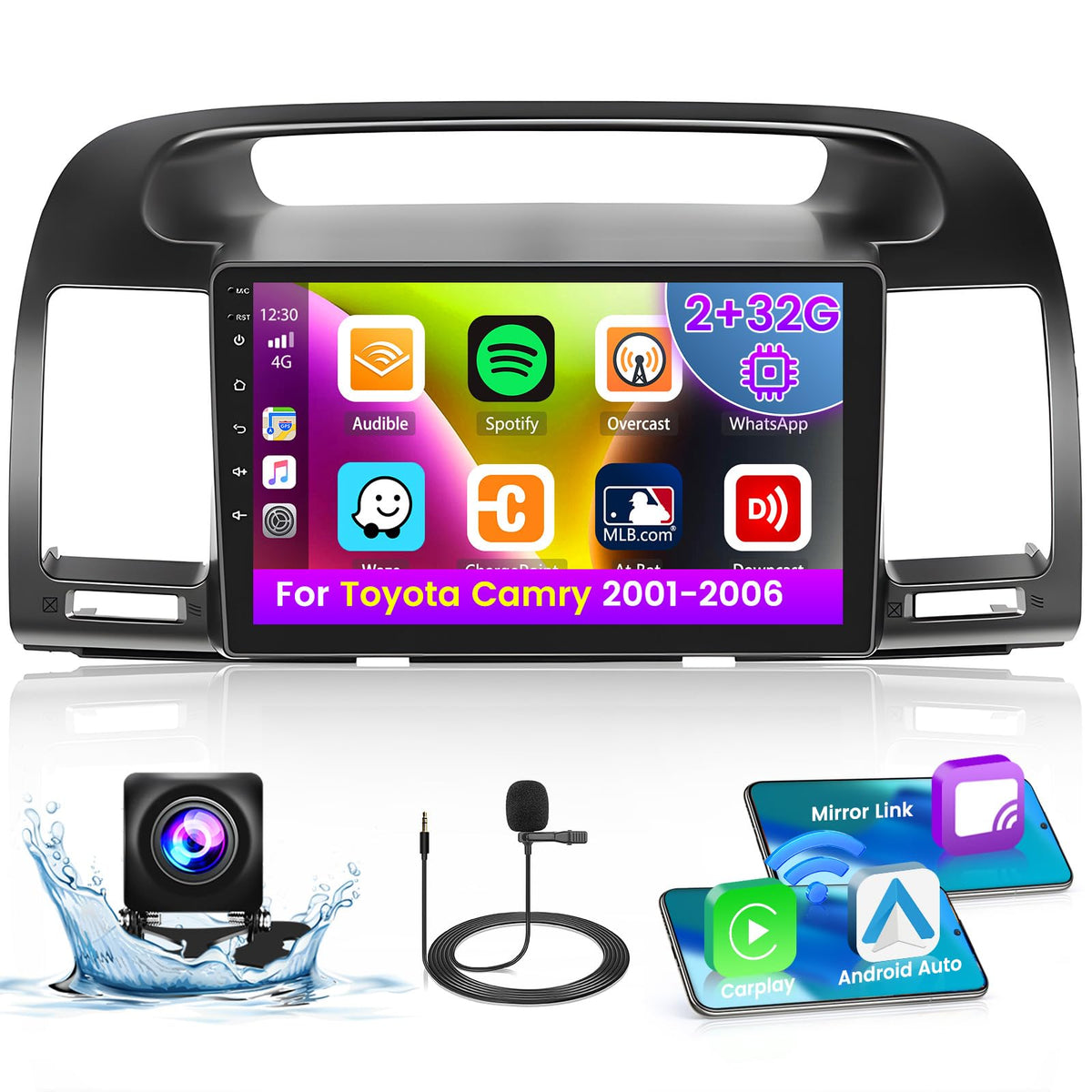 Roinvou 2+32G Android Carplay Stereo For 2001 2006 Toyota Camry, 9'' Touch Screen In Dash Gps Navigation With Built In Wireless
