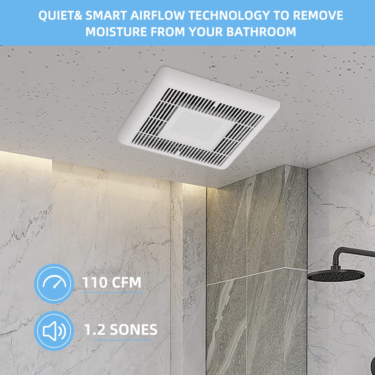 Tech Drive Bathroom Fan With Light 110 Cfm, 1.2Sone No Attic Access Needed Installation,Very Quiet Bath Ventilation And Exhaust