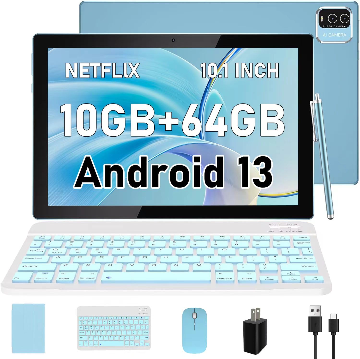 10 Inch Android 13 Tablet With Keyboard, 10Gb Ram+64Gb Rom+512Gb Expand Tablet, 1.8Ghz Quad Core Processor, 2024 Newest 2 In 1 T