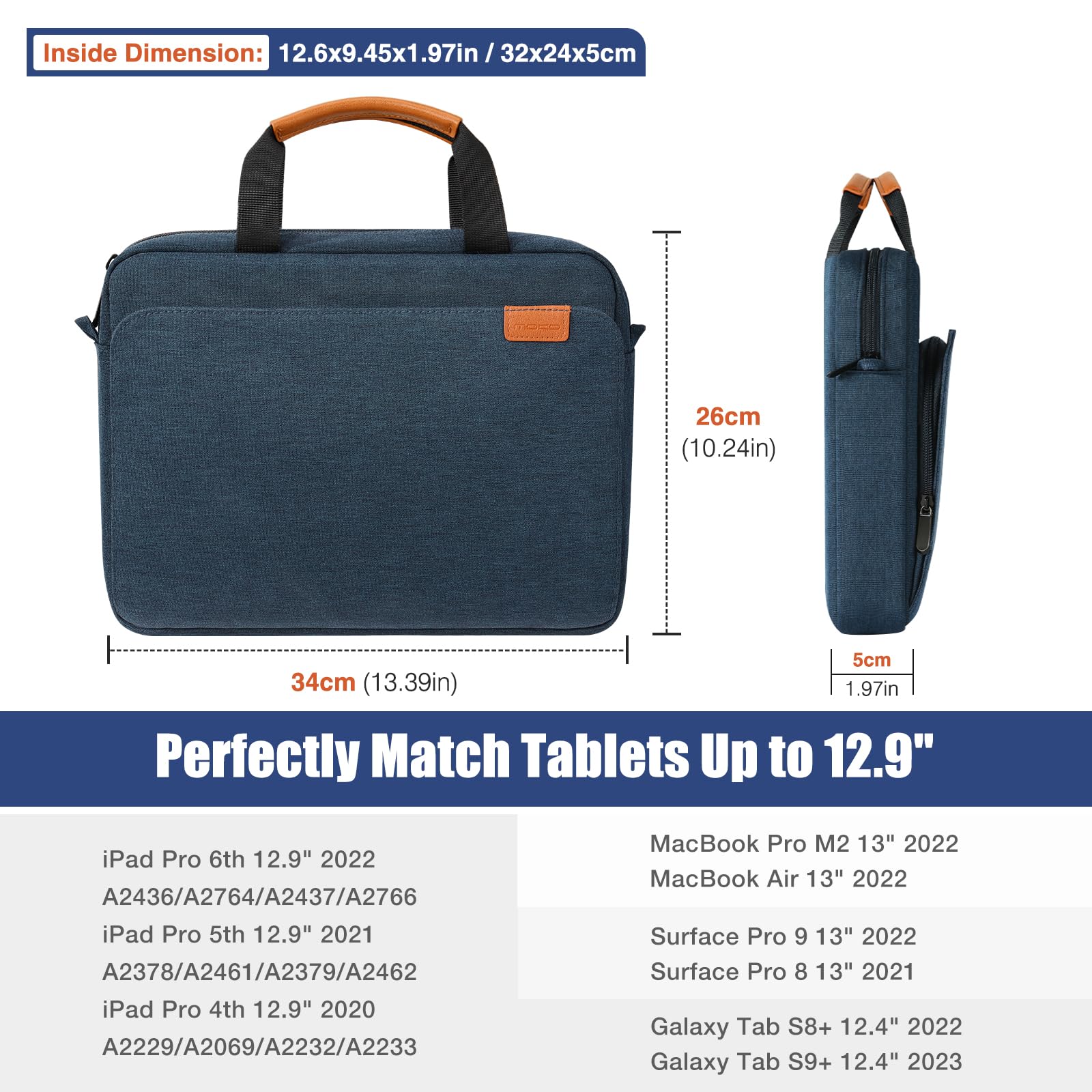 MoKo 12.9 Inch Tablet Sleeve Case Fits 13 Inch New iPad Pro M4 & Air M2 2024,iPad Pro 12.9 M2&M1,Surface Laptop Go 12.4,Galaxy Tab S8+/S9+ 12.4,Multi Functional Pockets with Shoulder Strap, Indigo