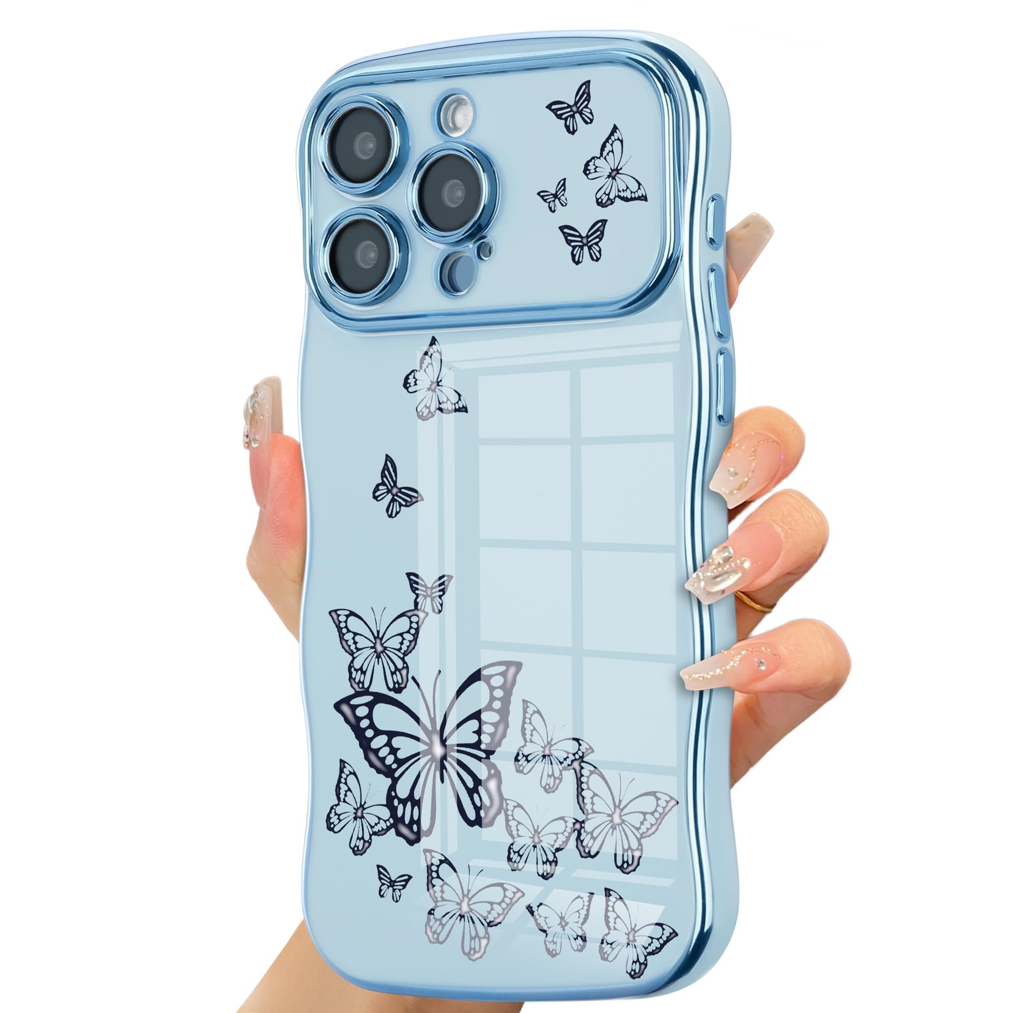 Ztofera For Iphone 14 Pro Max Case For Girl Women, Cute Curly Wave Frame With Luxury Plating Butterfly Pattern, Soft Tpu Shockpr