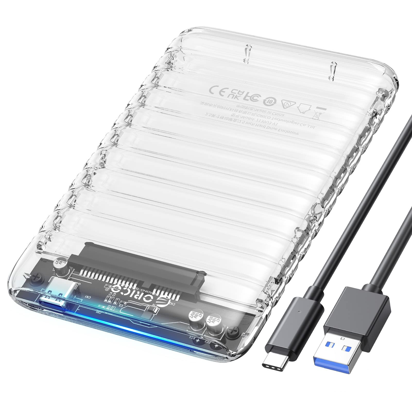 ORICO 2.5 inch Hard Drive Enclosure USB C to SATA III 6Gbps Clear External Hard Drive Case for All 7mm 9.5mm 2.5 inch SATA SSD HDD Up to 6TB, Tool Free, Support USB 3.2 Gen 2 UASP (2139C3)