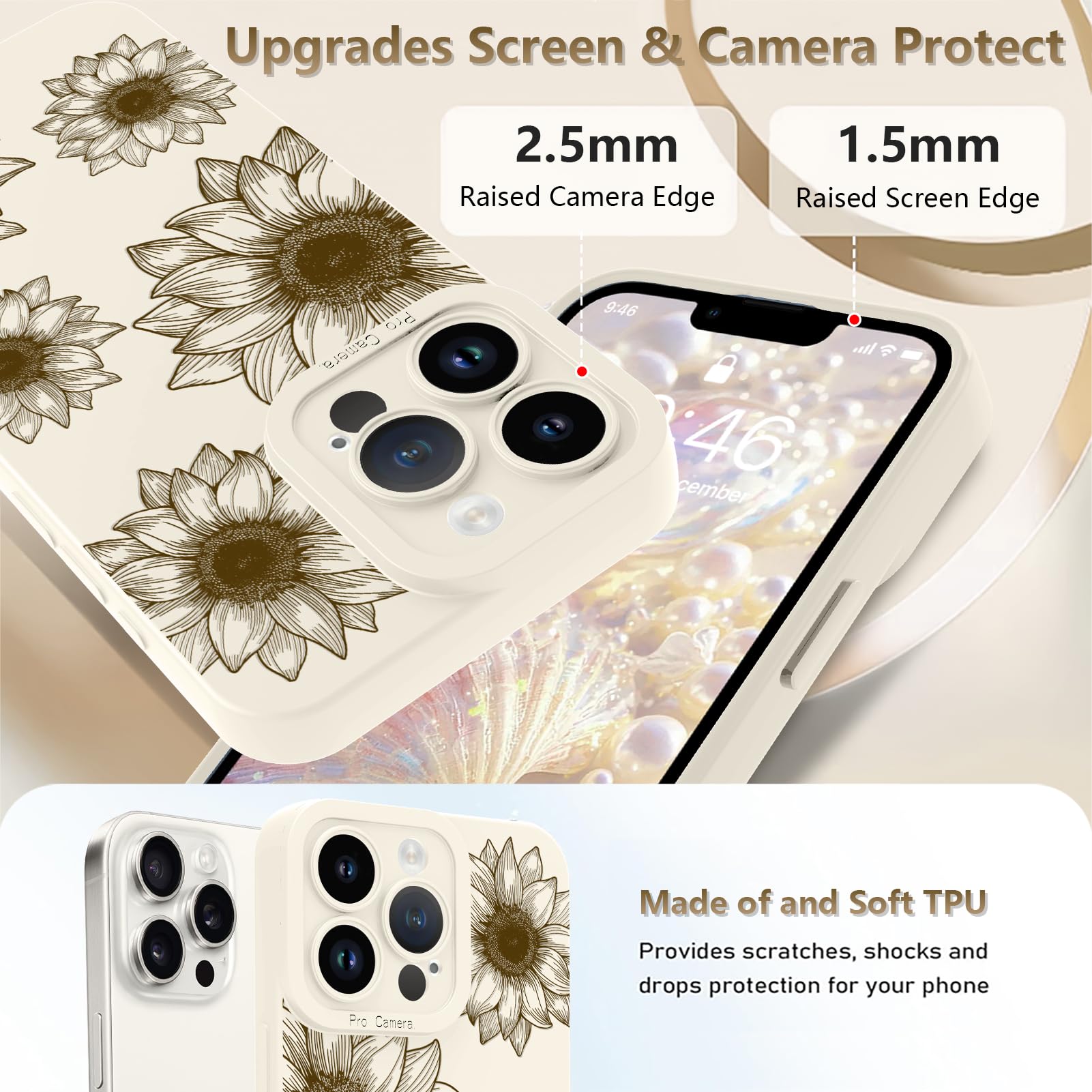 Ook Floral Case For Iphone 13 Pro Case, Cute Sunflower Floral Blooms Design Soft Tpu Shockproof Protective For Women Girls Slim