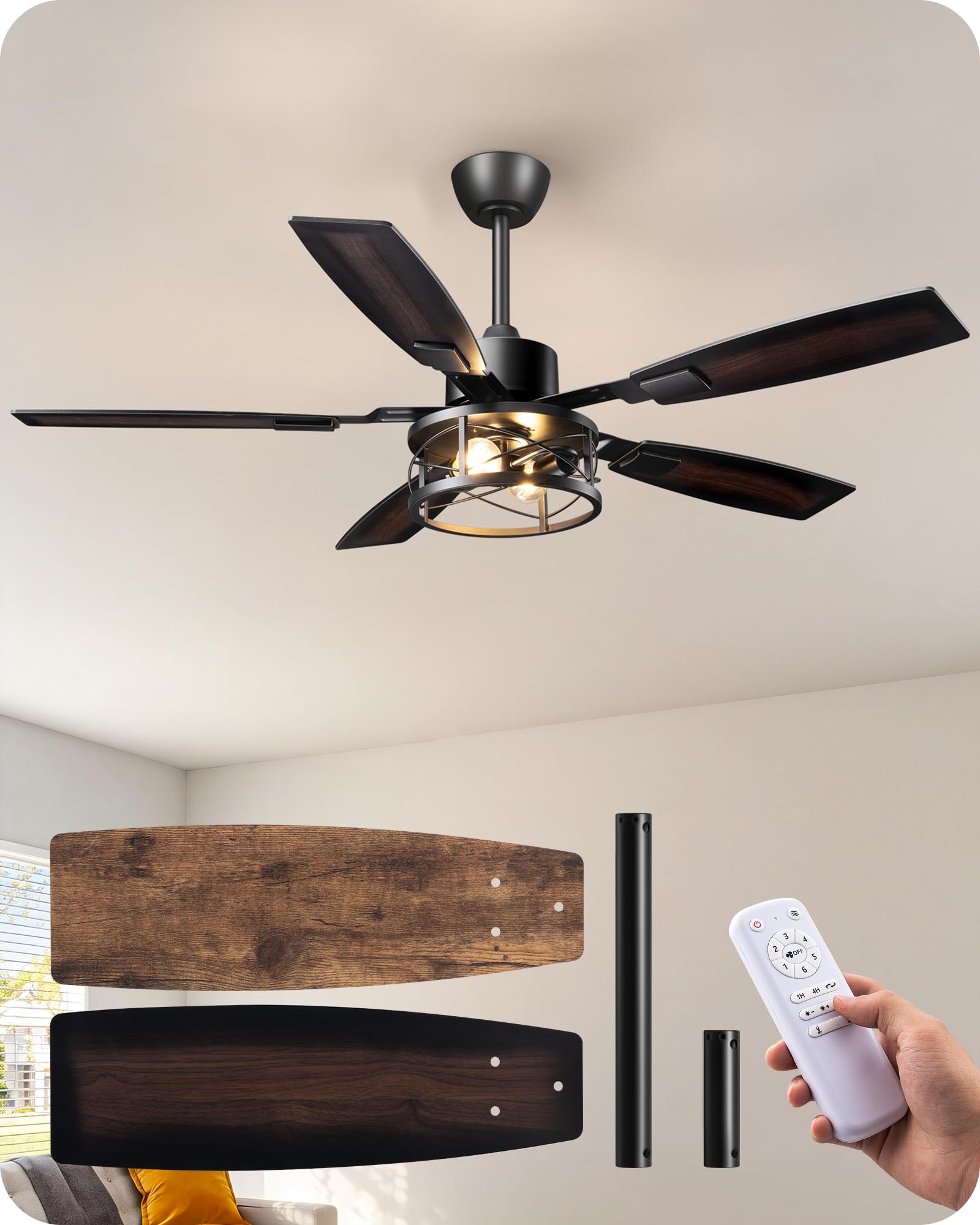 EDISHINE 52 Farmhouse Ceiling Fans with Lights and Remote, 10%-100% Dimmable, Reversible DC Motor, 6 Speed, 5 Wooden Blades, Tim