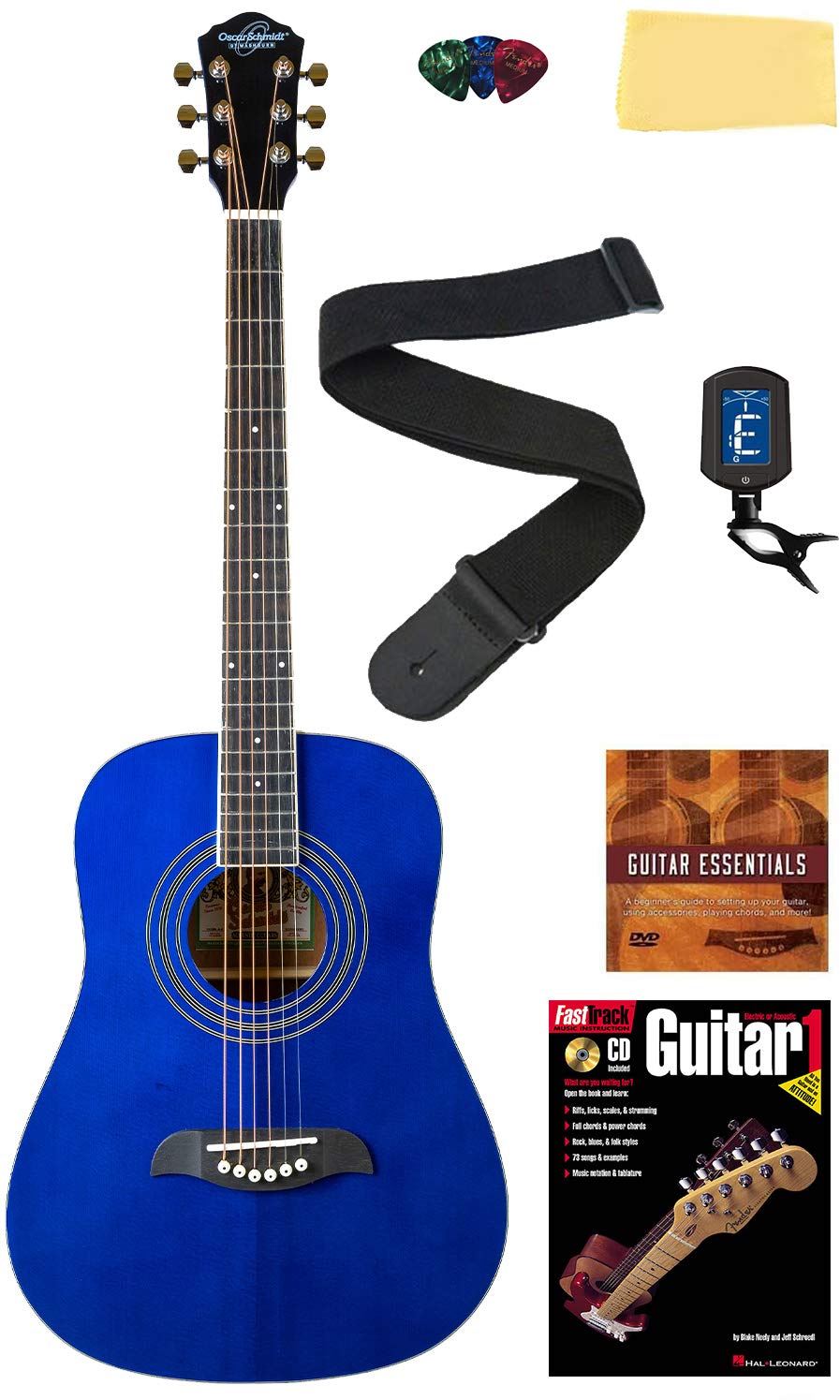Oscar Schmidt Og5 3/4 Size Kids Acoustic Guitar   Blue Learn To Play Bundle With Tuner, Strap, Picks, Instructional Book/Dvd, An