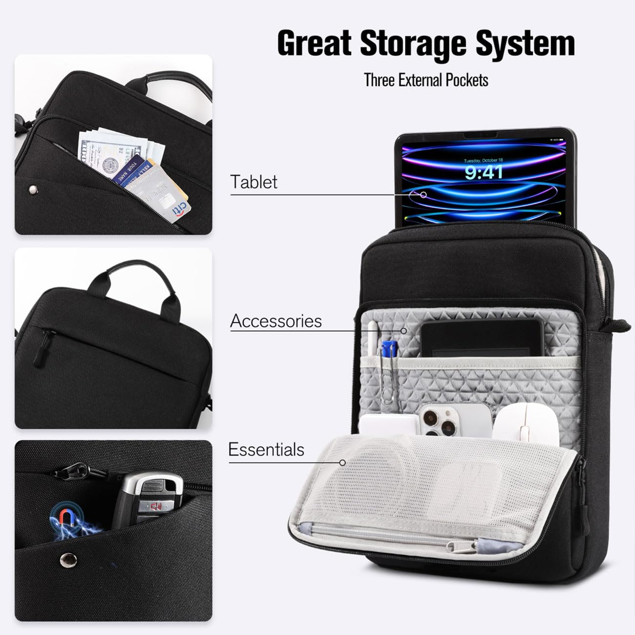 MoKo 9 11 Inch iPad Sleeve Tablet Bag iPad Carrying Case, 360� Protective iPad Travel Case with Shoulder Strap, Fits New iPad Air/Pro 11 inch 2024, iPad 10th/Air 5/4th 10.9, iPad 9/8th 10.2, Black