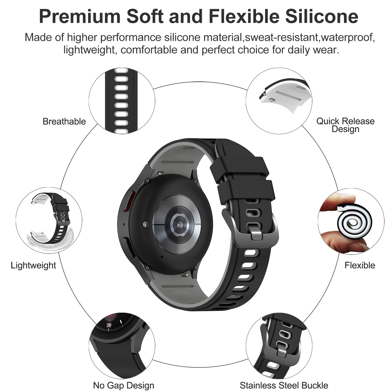 For Galaxy Watch 7/6/5/4/Fe 40Mm 44Mm Bands, No Gap Soft Silicone Sport Strap Wristbands Compatible With Samasung Galaxy Watch 7