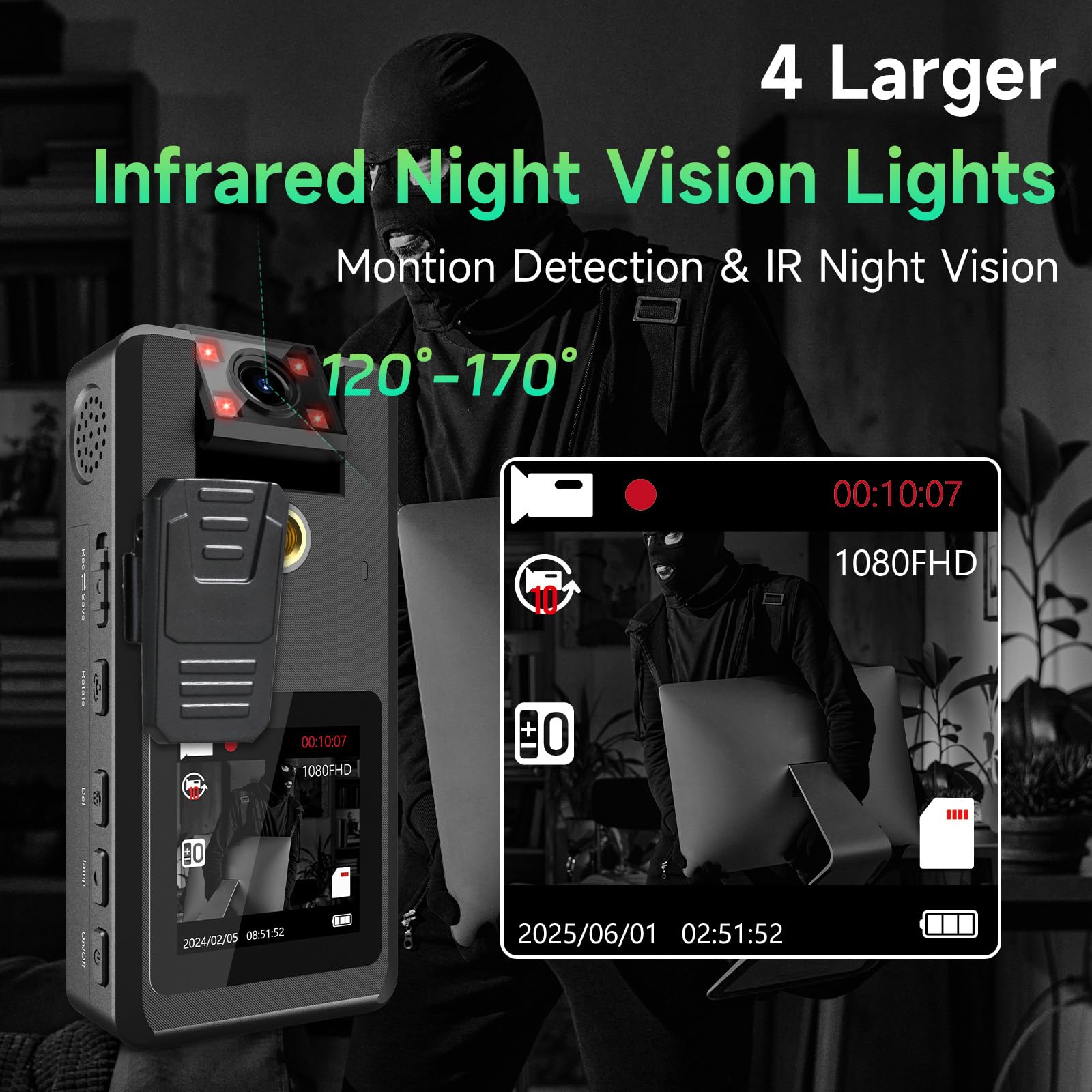 Wevoor 1296P Fhd Body Camera A53, 20Hours Dual Battery Pack, 64Gb Wearable Police Camera With Ir Night Vision + 180 Rotatable Le