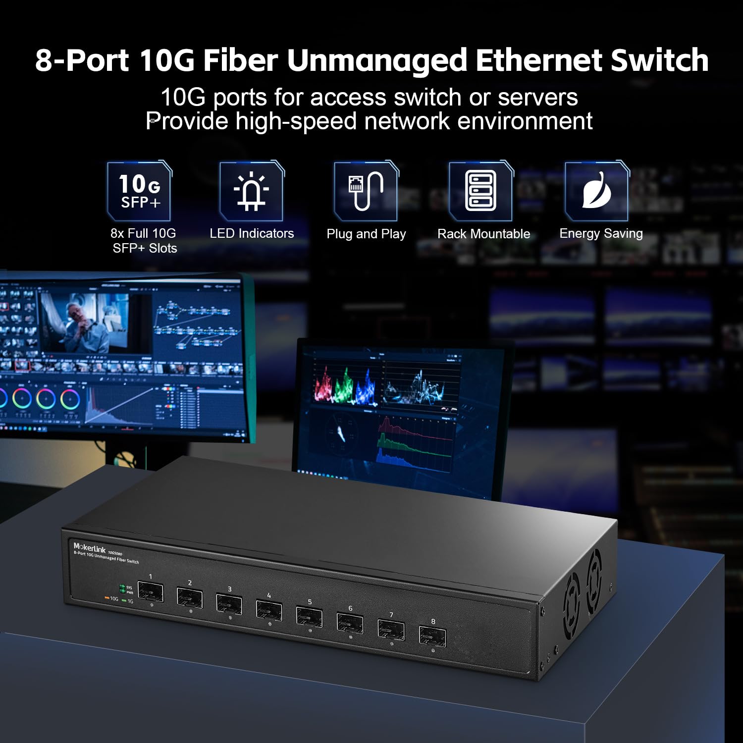 Mokerlink 8 Port 10G Sfp+ Unmanaged Fiber Switch, 1G/10G Sfp Slot, 160Gbps Bandwidth Desktop|Rackmount Network Switch