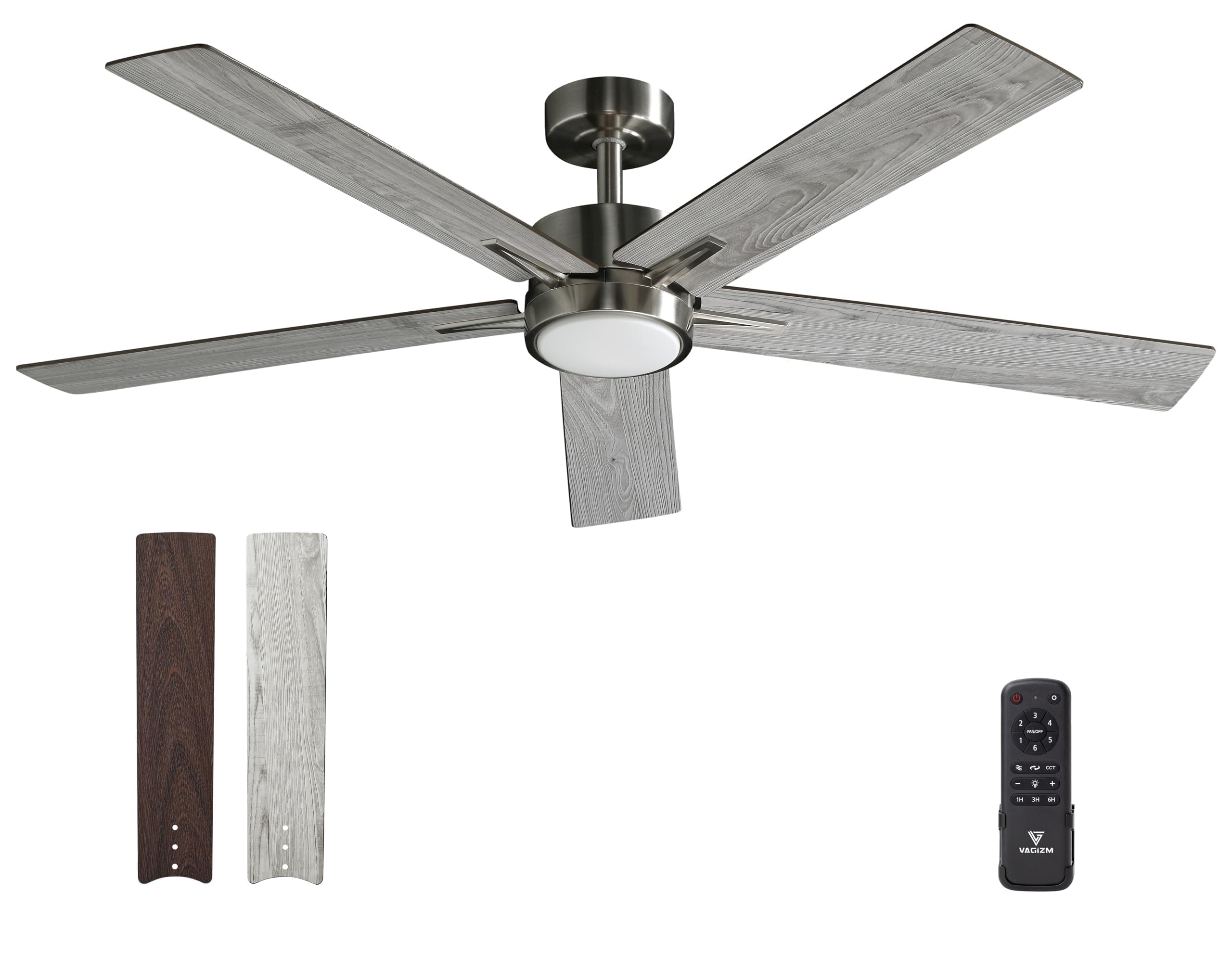 VAGIZM 52 Inch Ceiling Fan Brushed Nickel Remote Controlled Dimmable Light Combo - Quiet Reversible - 5 Blades