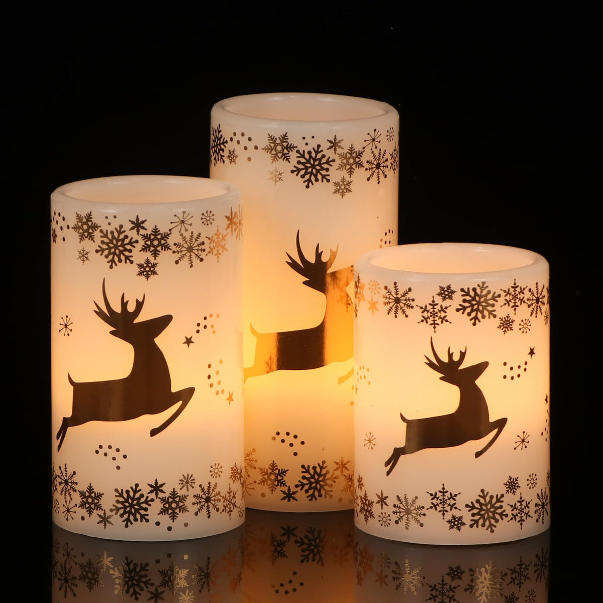 Dromance Gold Deer Flameless Flickering Candles Battery Operated With 6H Timer, 3 Pack Real Wax Warm Light Led Pillar Candles Di