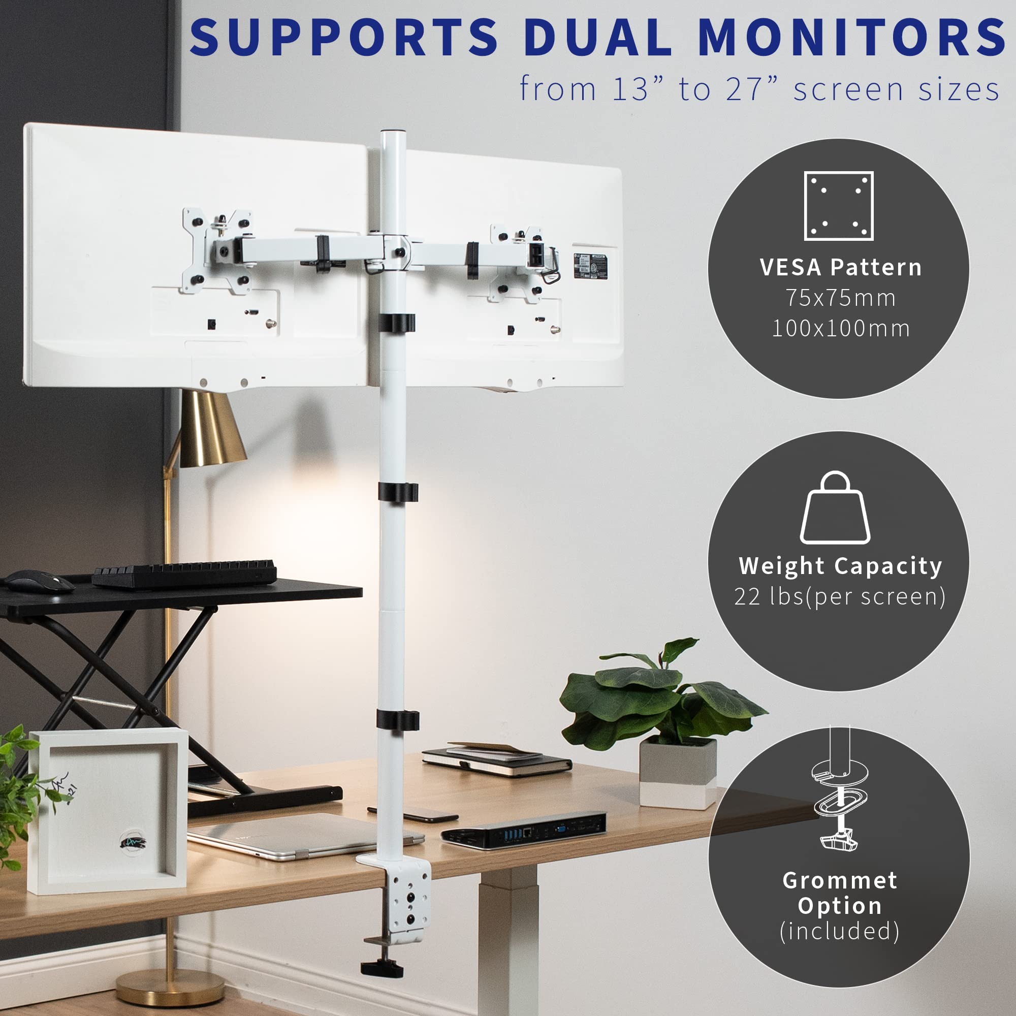 VIVO Dual Monitor Stand Up Desk Mount Extra Tall 39 inch Pole, Fully Adjustable Stand for up to 27 inch Screens, White, STAND V012W