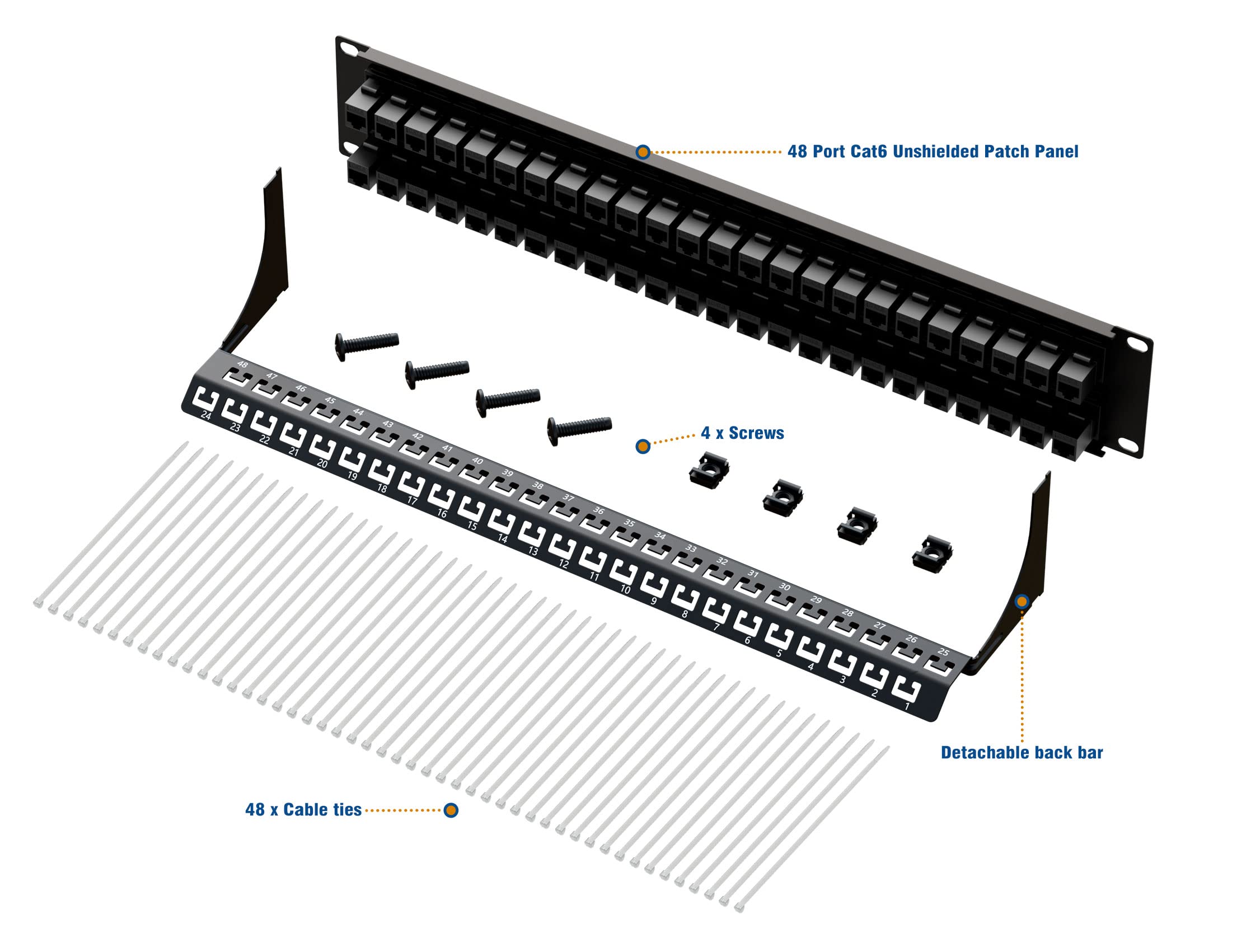 Iwillink 10Gbps Patch Panel 48 Port, Rj45 Through Coupler Cat6 Patch Panel, 2U Utp Patch Panel 19 Inch With Back Bar, Wallmount