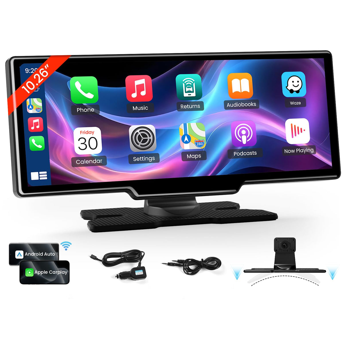 Tecxerllon 10.26'' Wireless Carplay Screen For Car, Portable Car Stereo With Carplay & Android Auto, Car Audio Receivers With Gp