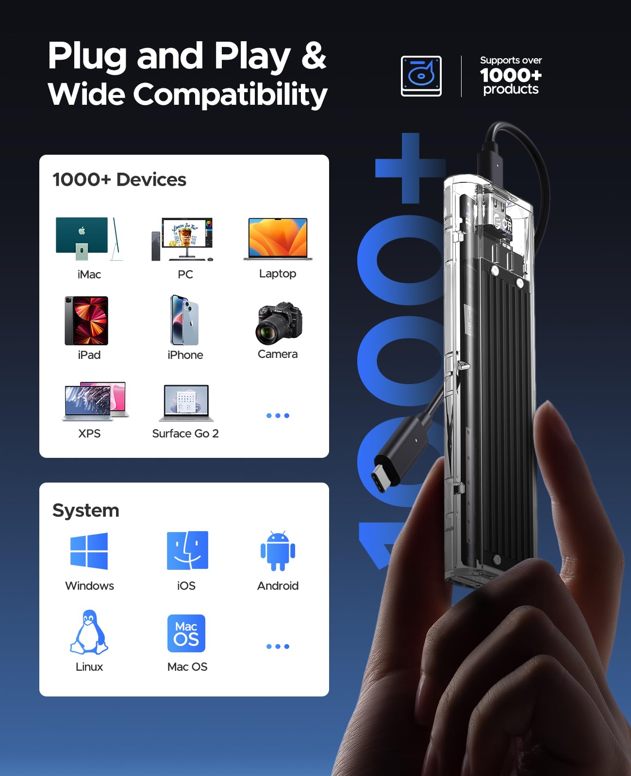 ORICO M.2 NVMe SSD Enclosure, USB 3.2 Gen 2 (10 Gbps), Transparent External Solid State Drive Adapter Enclosure for 2280 2260 2242 2230 PCI E M2 M Key SSD, USB Type C Converter Case TCM2 Black