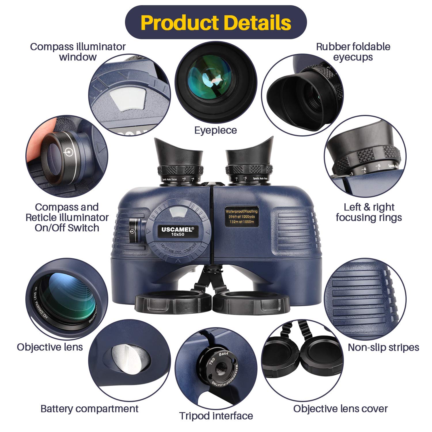 Uscamel 10X50 Marine Binoculars For Adults, Waterproof Binoculars With Rangefinder Compass,Bak4 Prism Fmc Lens Binoculars With T