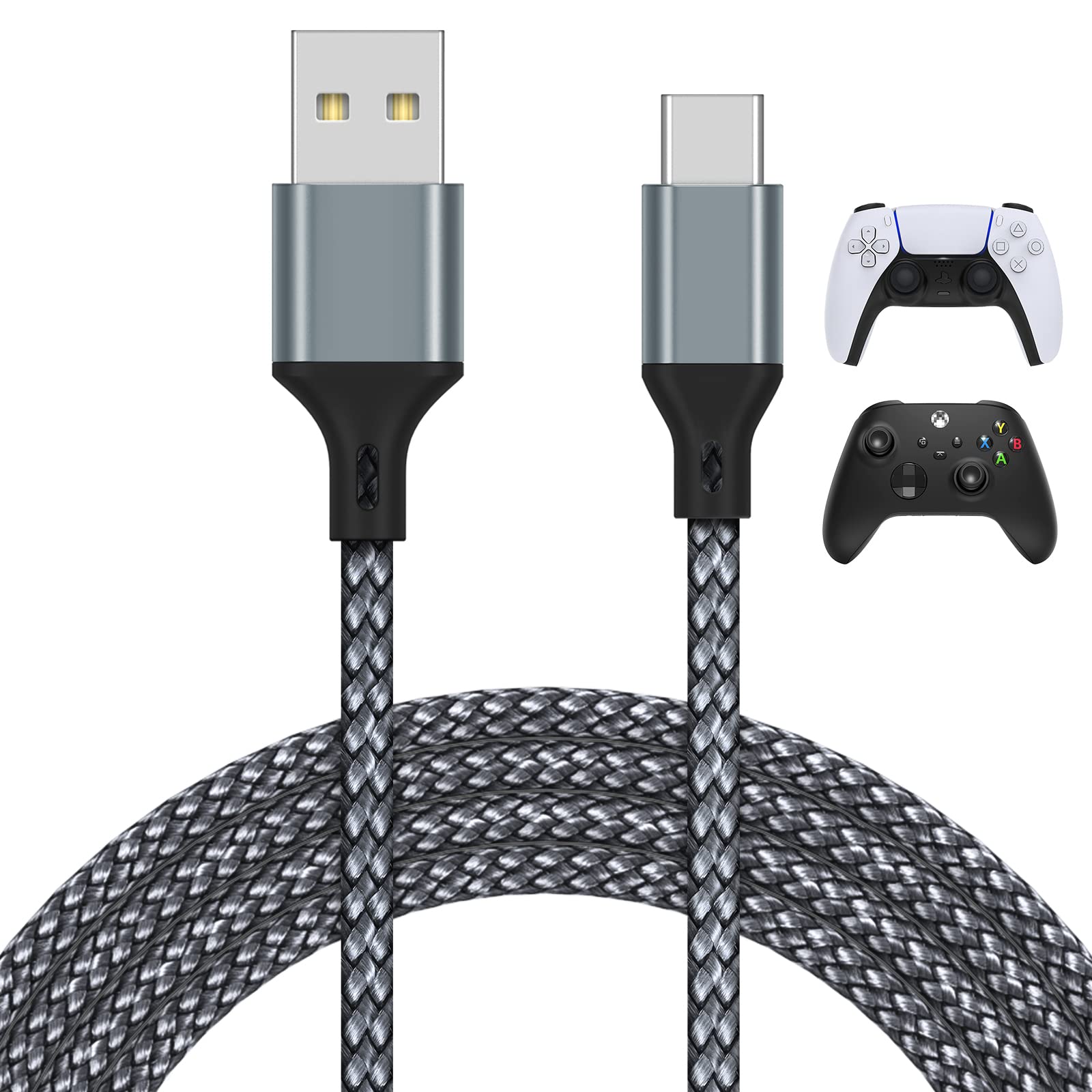 16.4Ft Charger Charging Cable For Ps5/For Xbox Series X/S Controller/For Switch Pro Controller, Replacement Usb Charging Cord Nylon Braided Type C Ports Accessories For Ps 5/For Xbox Series X, Grey