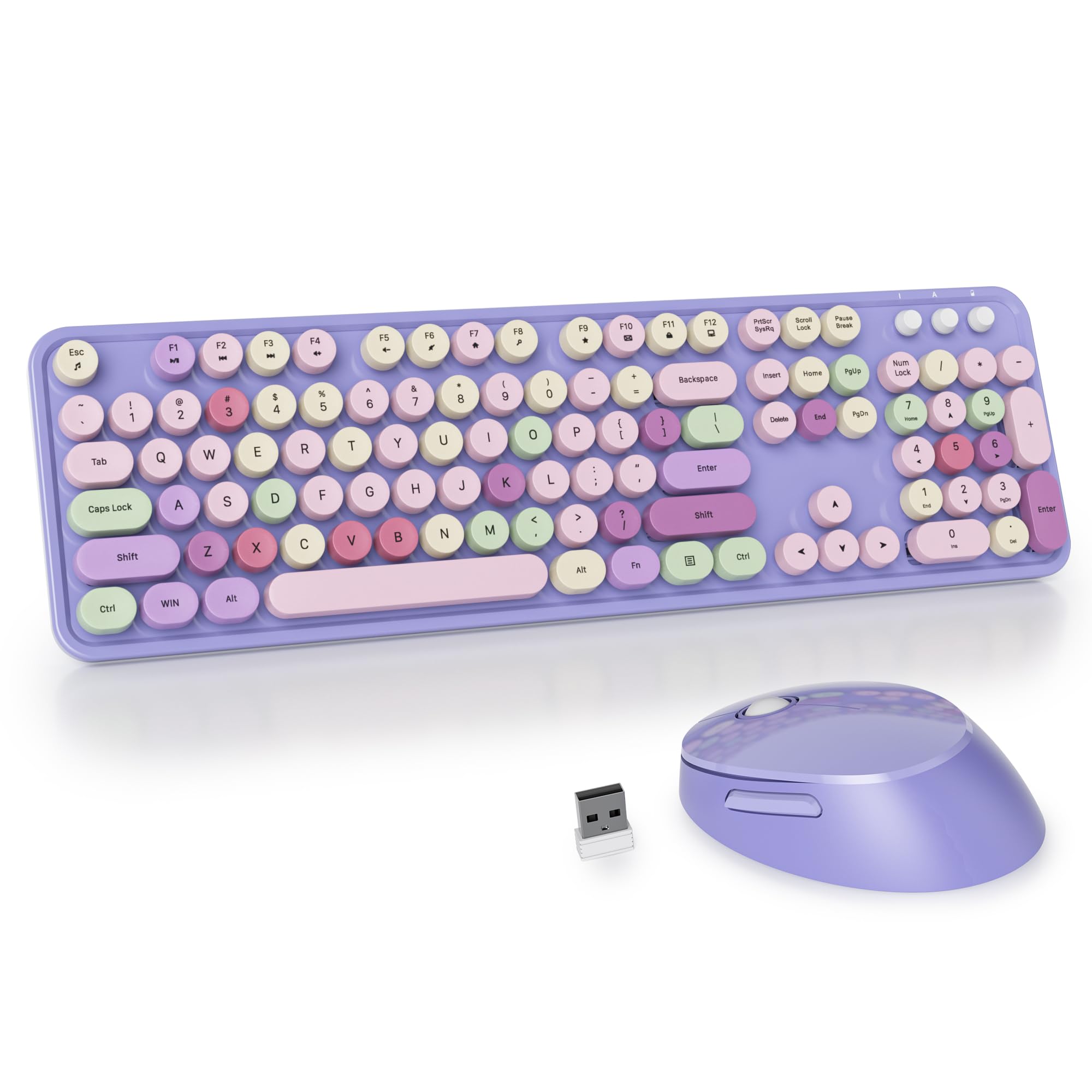Gtsp Typewriter Colorful Purple Keyboard And Mouse Wireless, 2.4Ghz Full Size Retro Cute Office Computer Keyboard With Round Key
