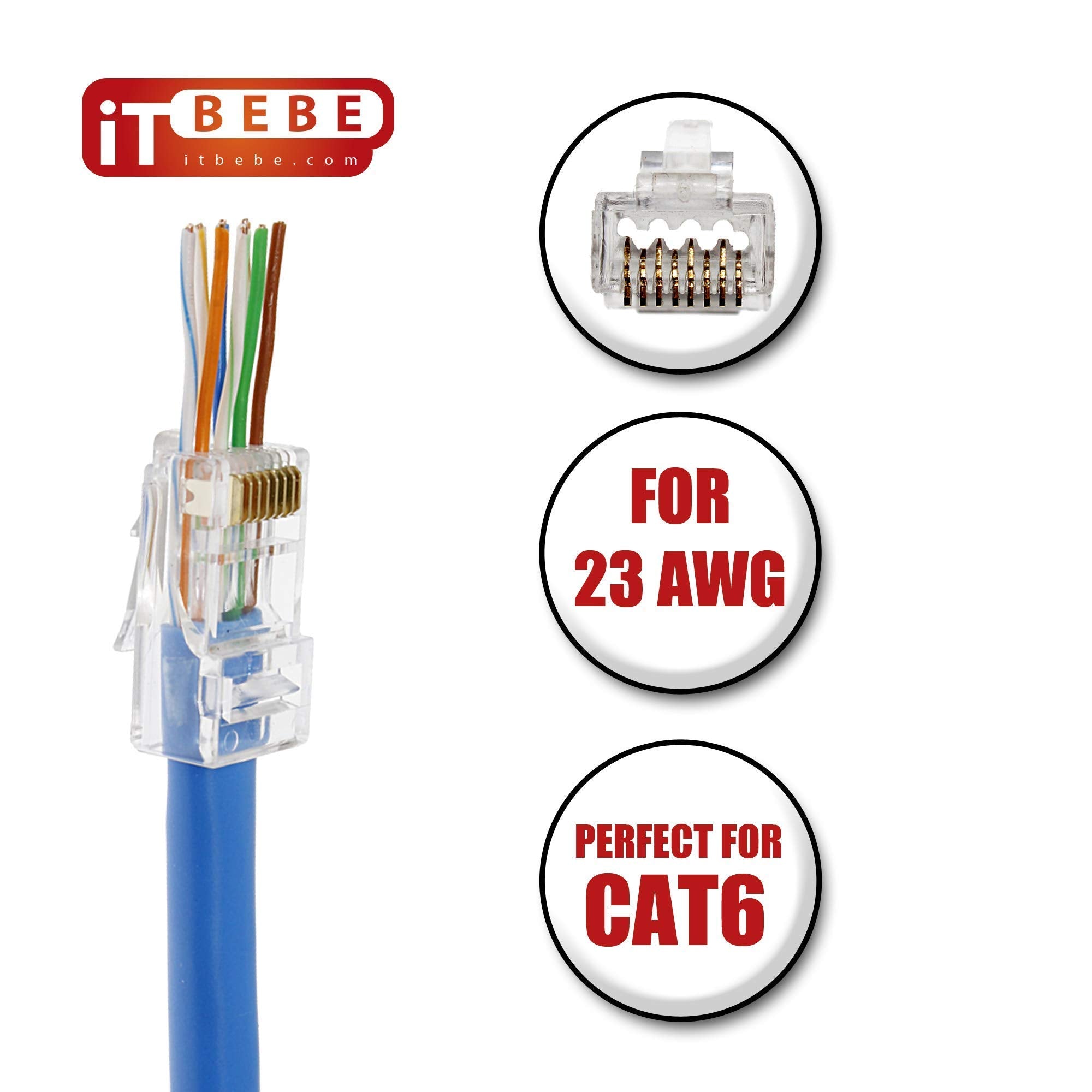 Itbebe 100 Pieces   Gold Plated Rj45 Cat6 Cat6A Pass Through Connector For 23 Awg Cables