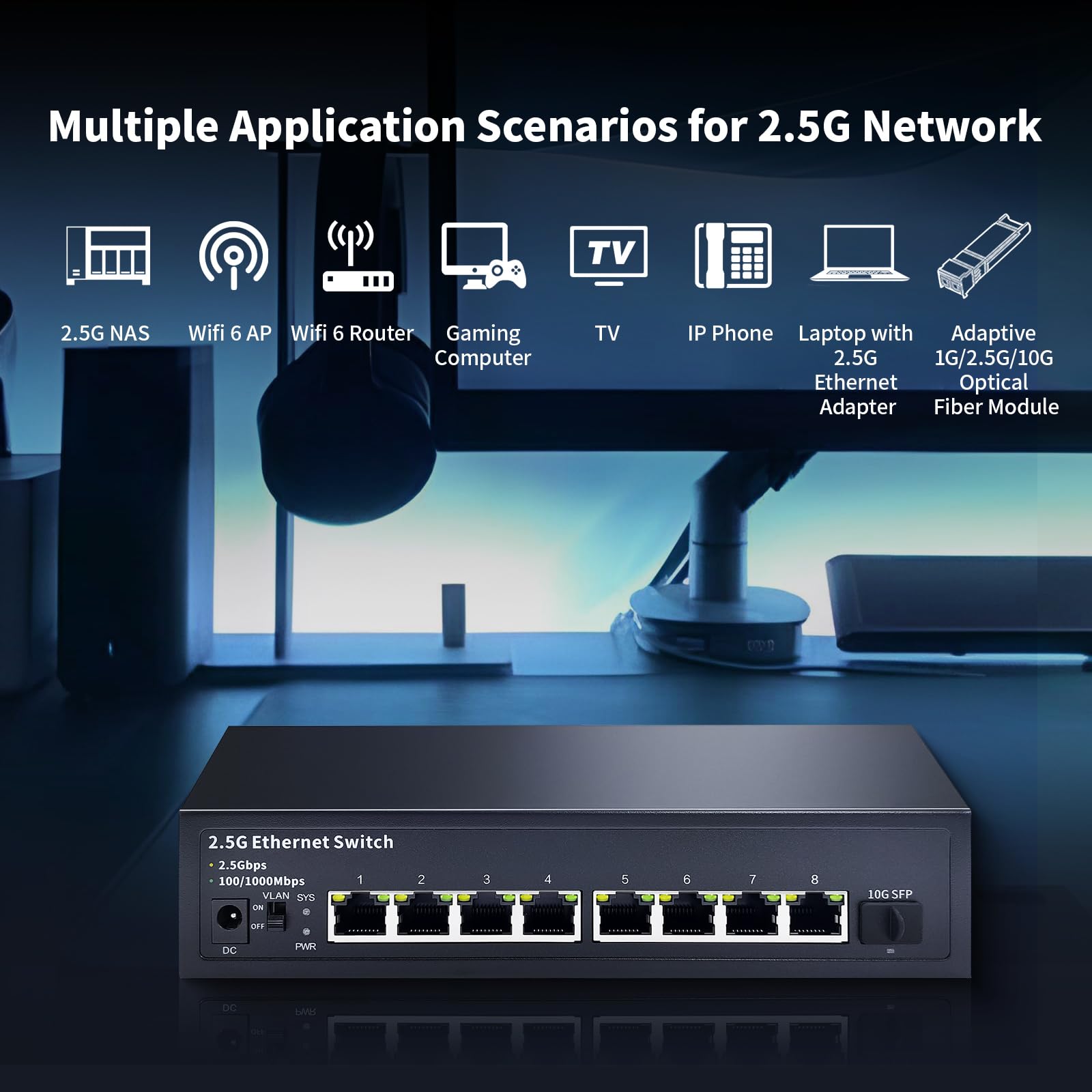 Steamemo 8 Port 2.5G Unmanaged Ethernet Switch, 8X 2.5G Base T Ports, 1X 10G Sfp, 60Gbps Switching Capacity, Compatible With 100
