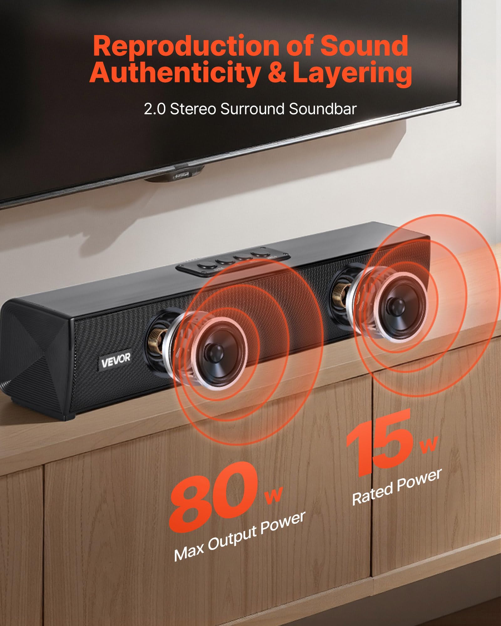 Vevor Sound Bar For Smart Tv, 2.0 Channel, 17-Inch Compact Soundbar Tv Speakers For Projector, Bluetooth Aux Connection, Remote