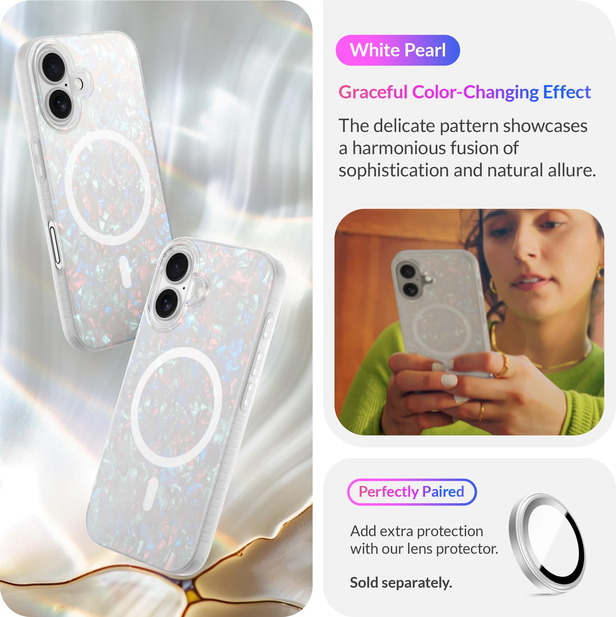 Lonli Hue   Iphone 16 Magnetic Case [Compatible With Magsafe]   White Pearl Tort Phone Case   [360 Shock Absorbent Bumper]   Cut