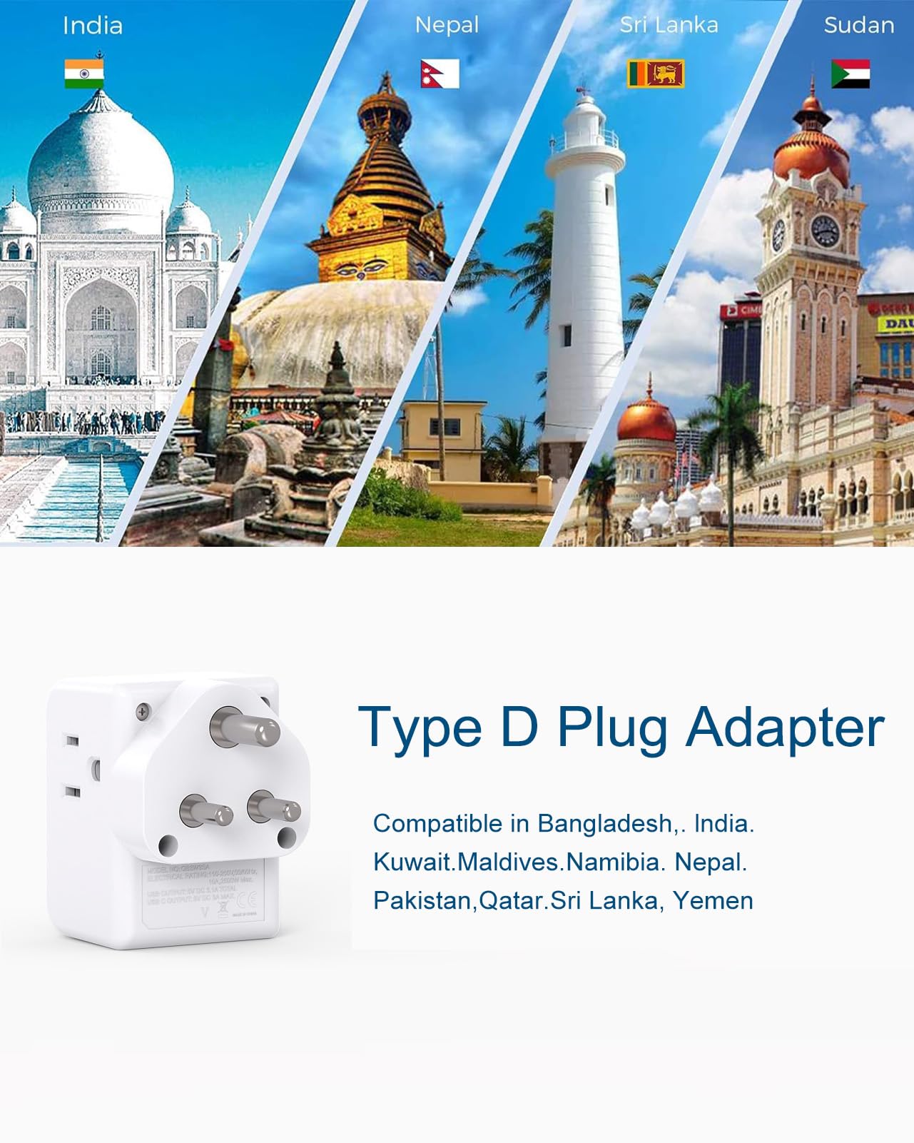 2 Pack India Power Adapter, One Beat Type D Plug Adapter With 3 American Outlets 3 Usb Ports(1Usb C), 6 In 1 India Travel Plug A
