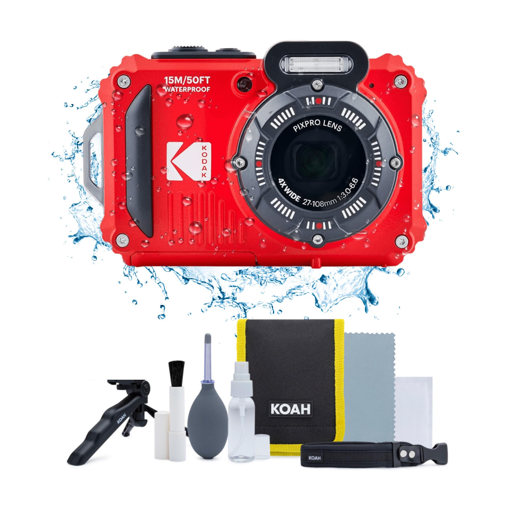 Kodak PIXPRO WPZ2 Rugged Waterproof 16MP Digital Camera with 4X Optical Zoom (Red) with Photography Accessory Kit Bundle (2 Item