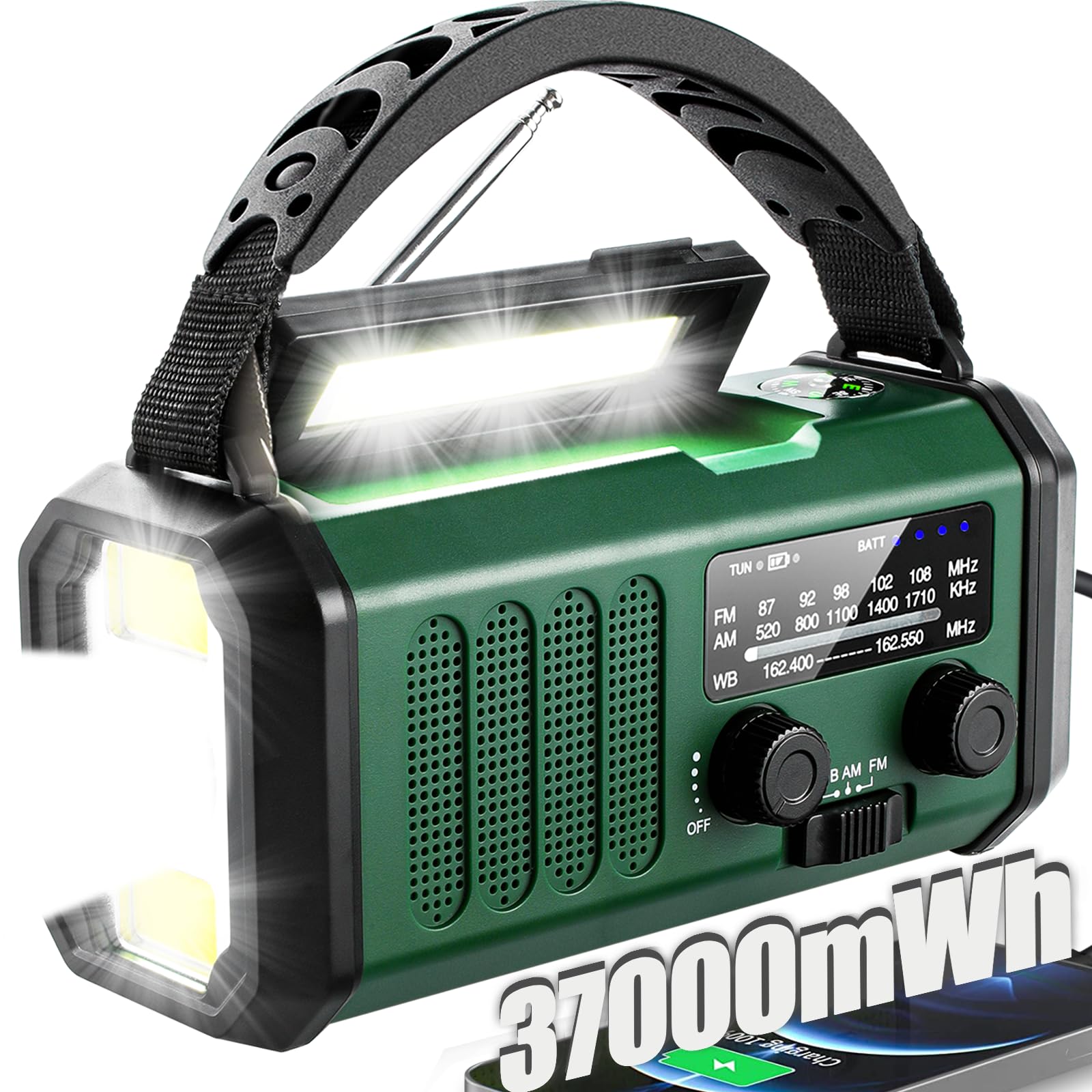 QAUYYW Hand Crank Emergency Radio,37000mWhSolar Powered Hand Crank Portable NOAA AM FM Weather Radio with 3Mode Flashlight and R