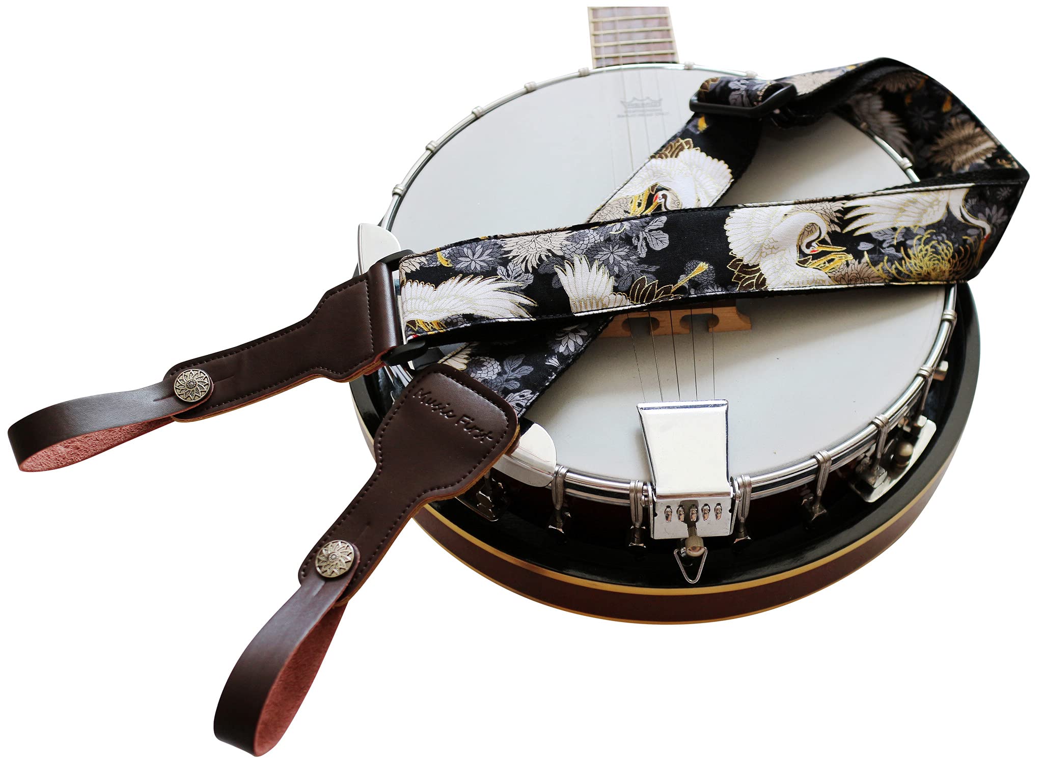 Music First, 2 Inch Width (5Cm), Padded, Vintage Ukiyoe Style''Chrysanthemum & Crane In Black'' Soft Muslin & Genuine Leather De