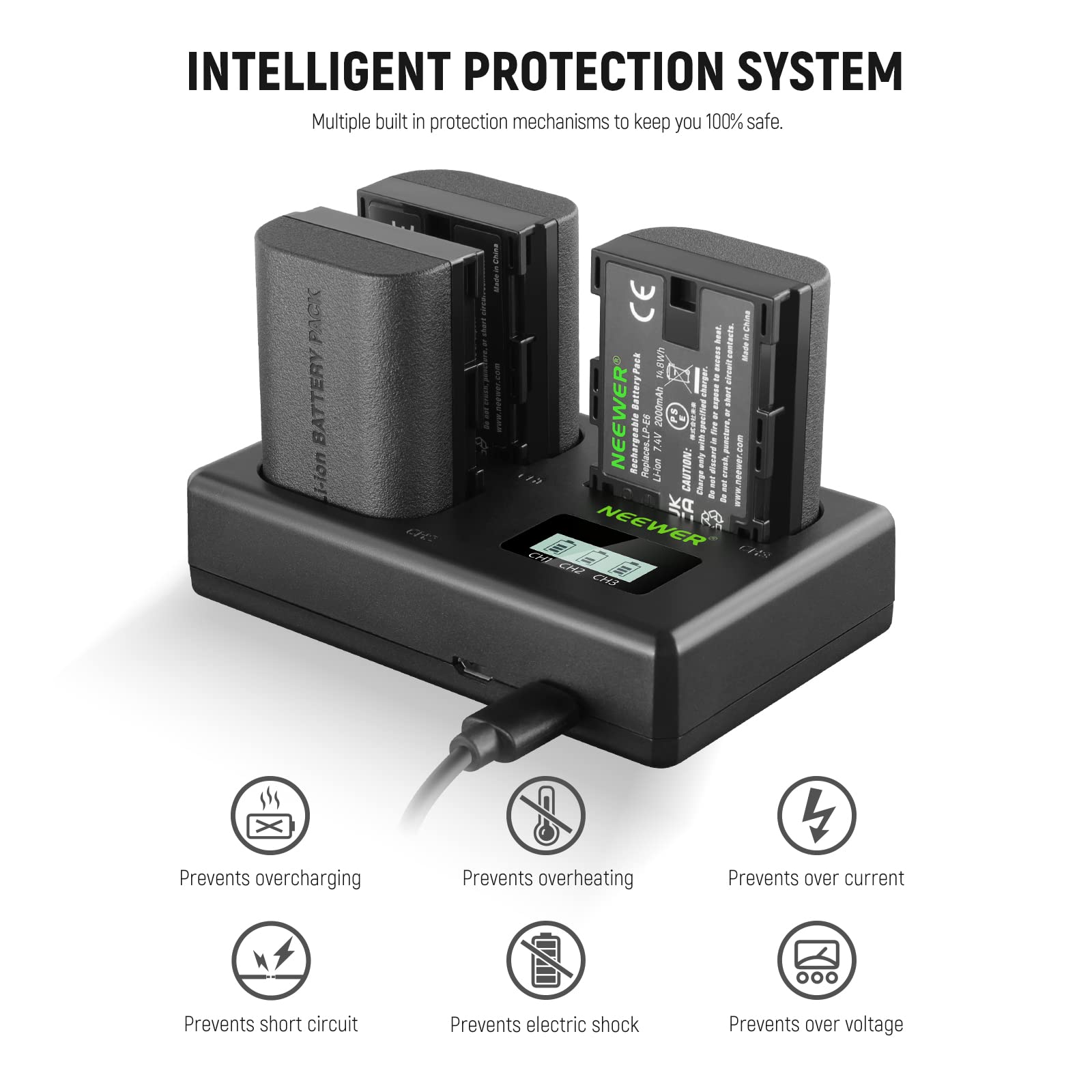 Neewer Lp E6 Replacement Battery And Charger Set, 3 Pack 2000Mah Replacement For Lp E6 Lp E6N & Triple Slot Usb Charger Compatib