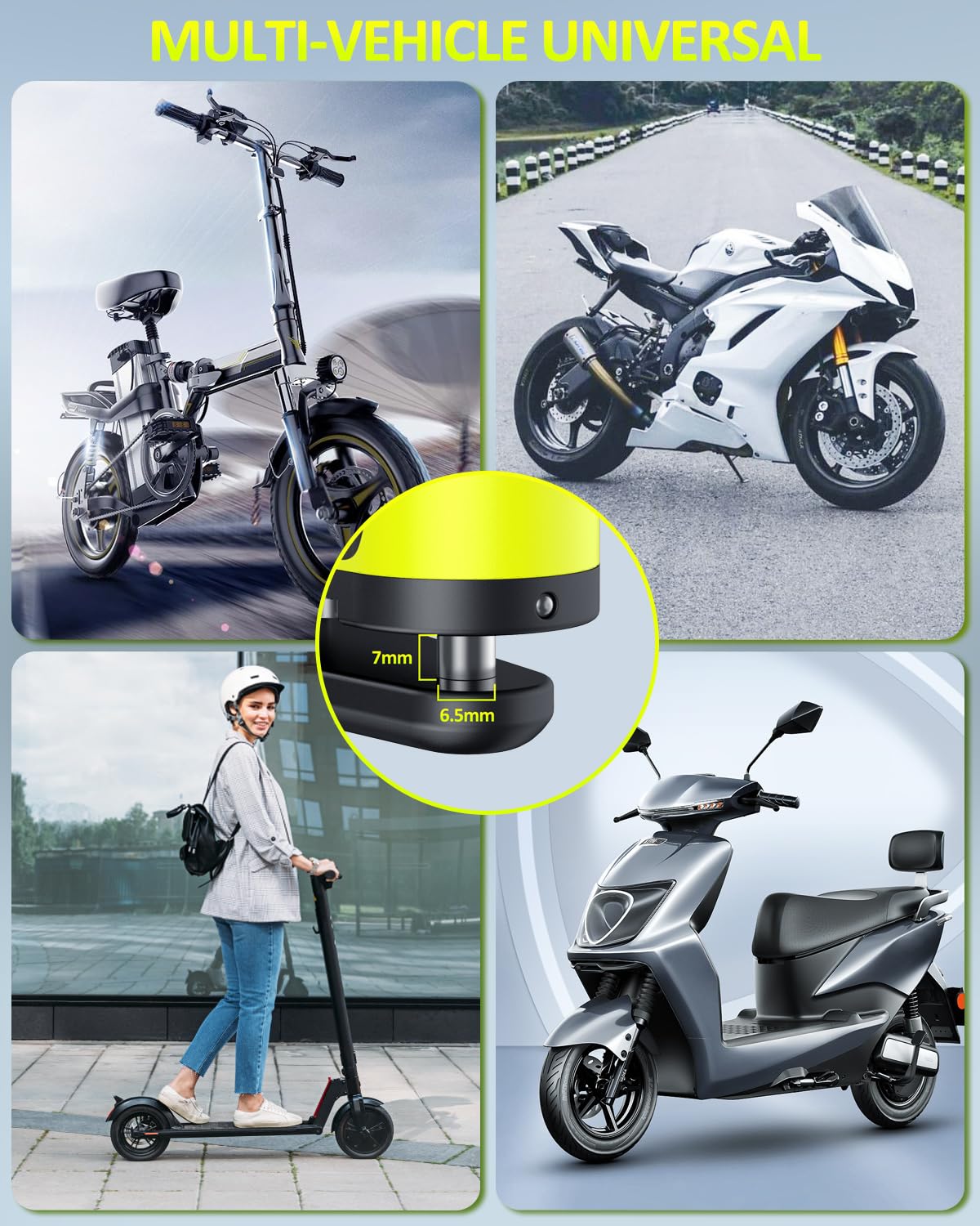 Onvian Rechargeable Motorcycle Lock With 6Ft Steel Wire Anti Theft Cable, For 7Mm Pin Ebike Electric Scooter Motorcycle Helmet W