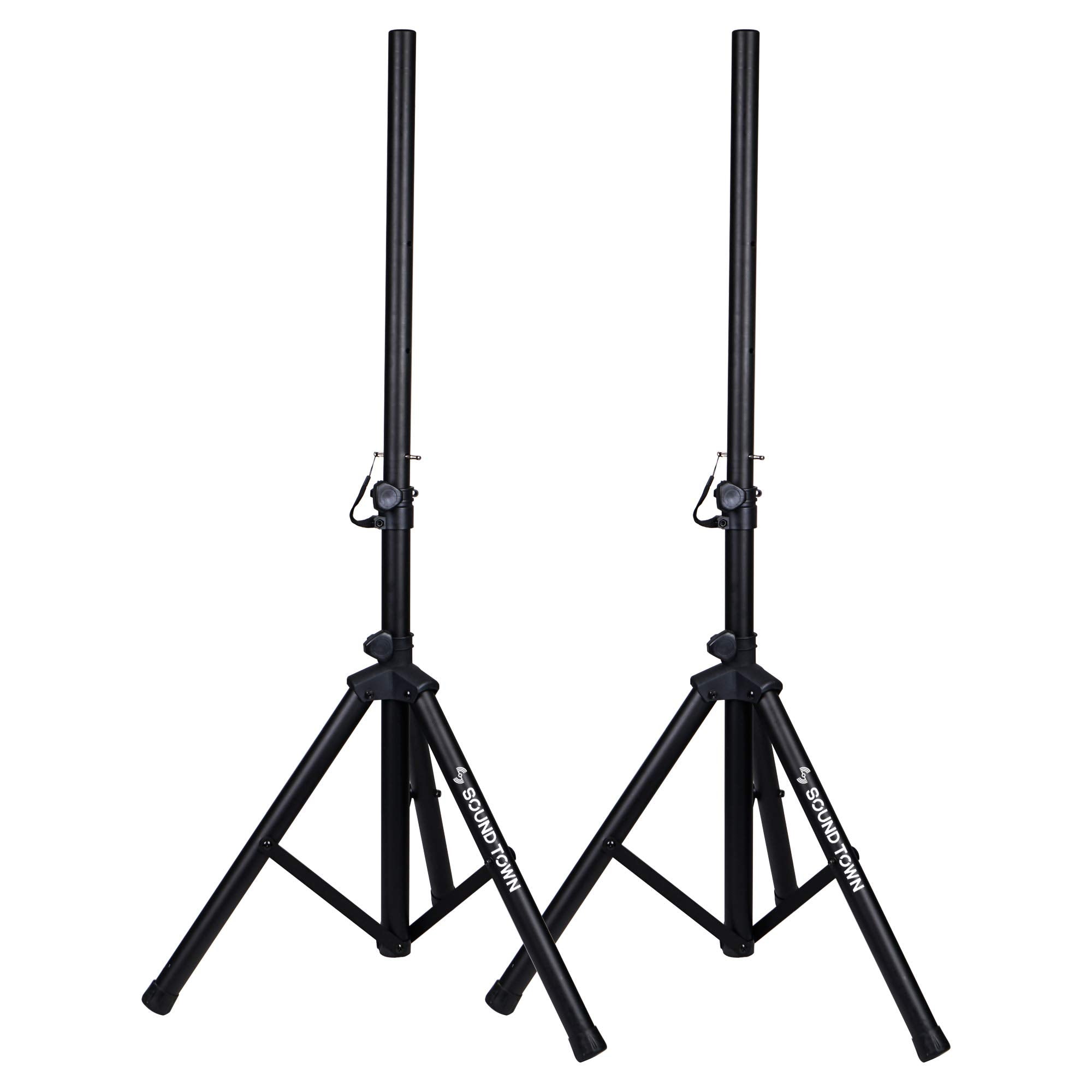 Sound Town 2-Pack Universal Tripod Speaker Stands with Adjustable Height, 35mm Compatible Insert, Locking Knob and Shaft Pin, Bl