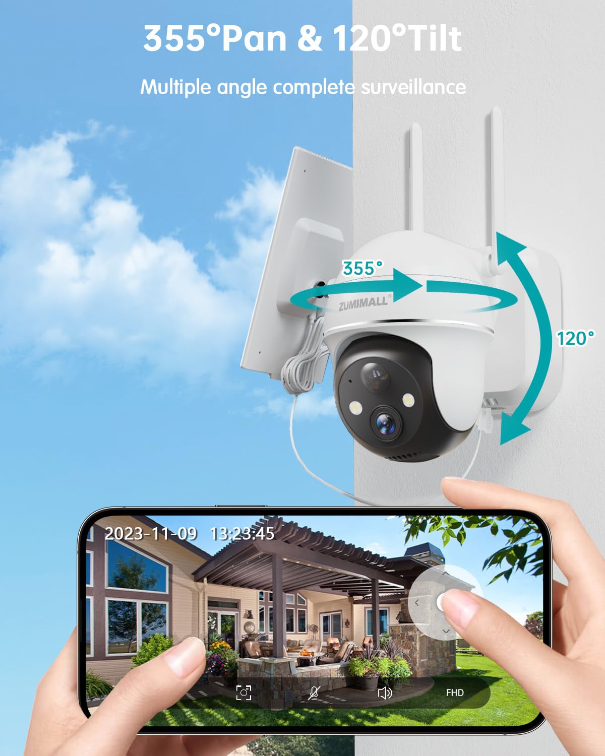Zumimall 5Mp Security Cameras Wireless Outdoor, Solar Security Camera Outdoor With 360� Ptz, Battery Powered Camera For Home Security Outside, Color Night Vision/2.4G Wifi/2 Way Talk/Ip66/Ai Detection
