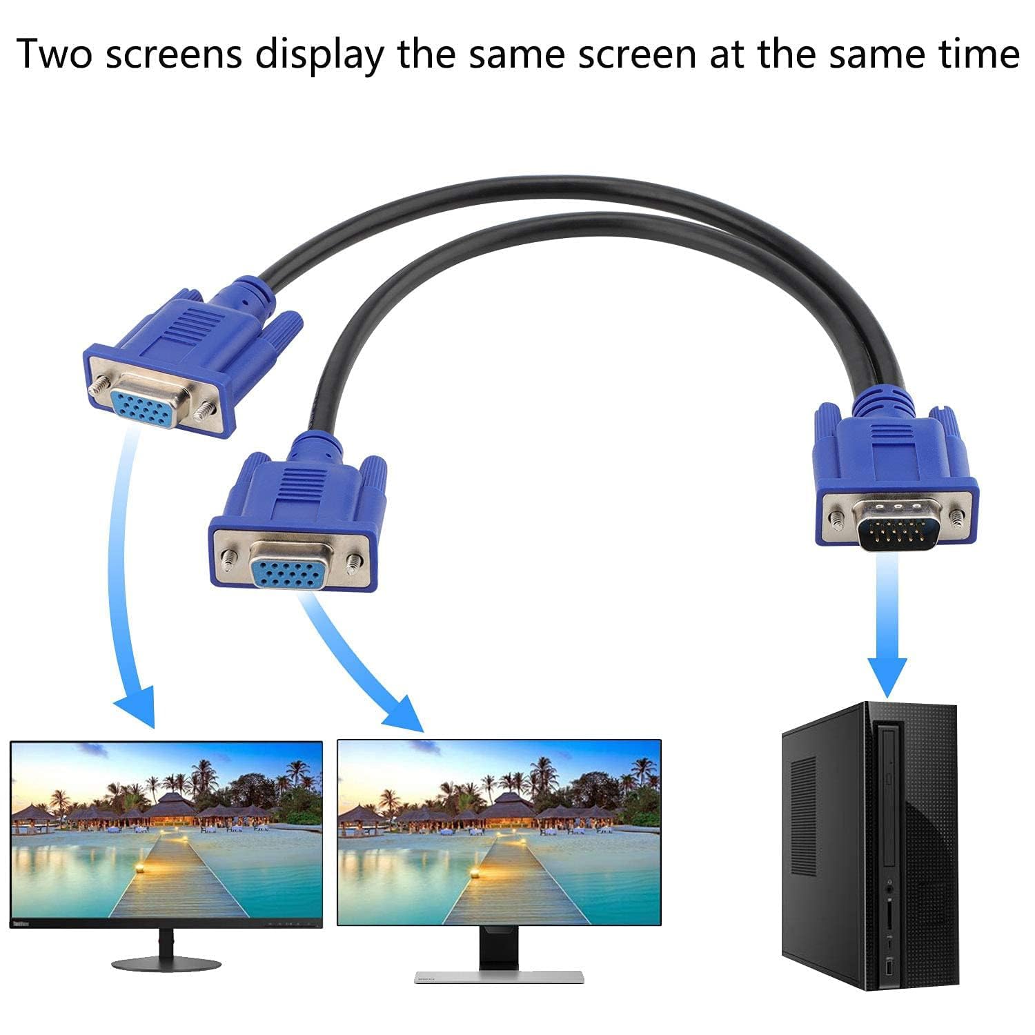 Pasow Vga Splitter Cable 1080P Dual Vga Monitor Y Cable 1 Male To 2 Female Adapter Cable Only For Screen Duplication   1.5 Feet