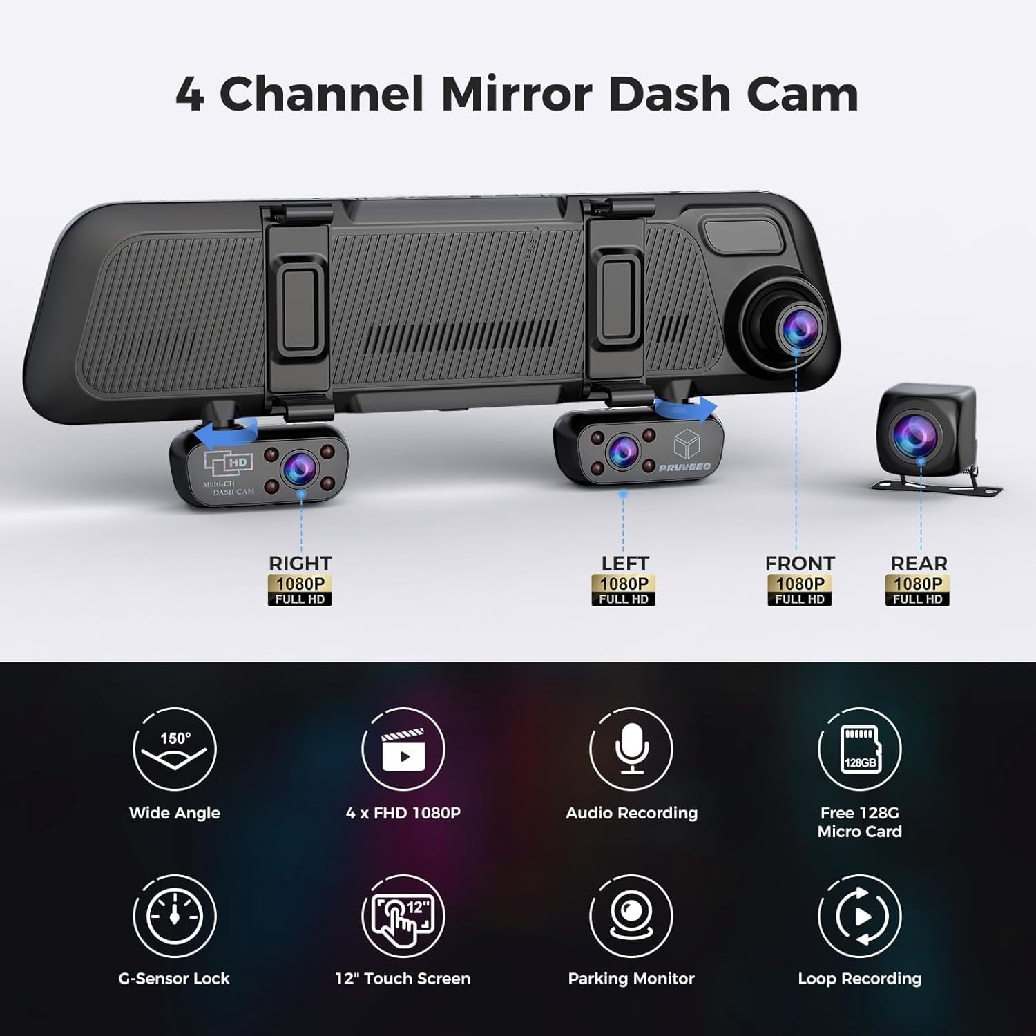 Pruveeo 12'' Mirror Dash Cam 4 Channel,360 Degree View Rear View Mirror Camera,Dash Cam Front And Rear Inside Left Right, Ir Nig
