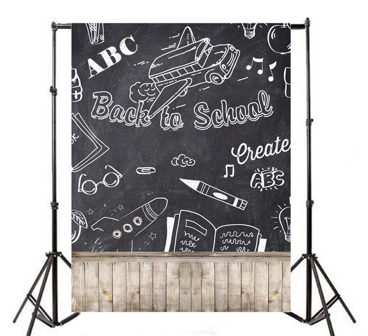 Laeacco 5X6.5Ft Back To School Backdrop Rustic Blackboard Vintage Wooden Floor Photography Background Classroom Chalk Drawing Letters Back To School Theme Party Background Students Photo Portraits