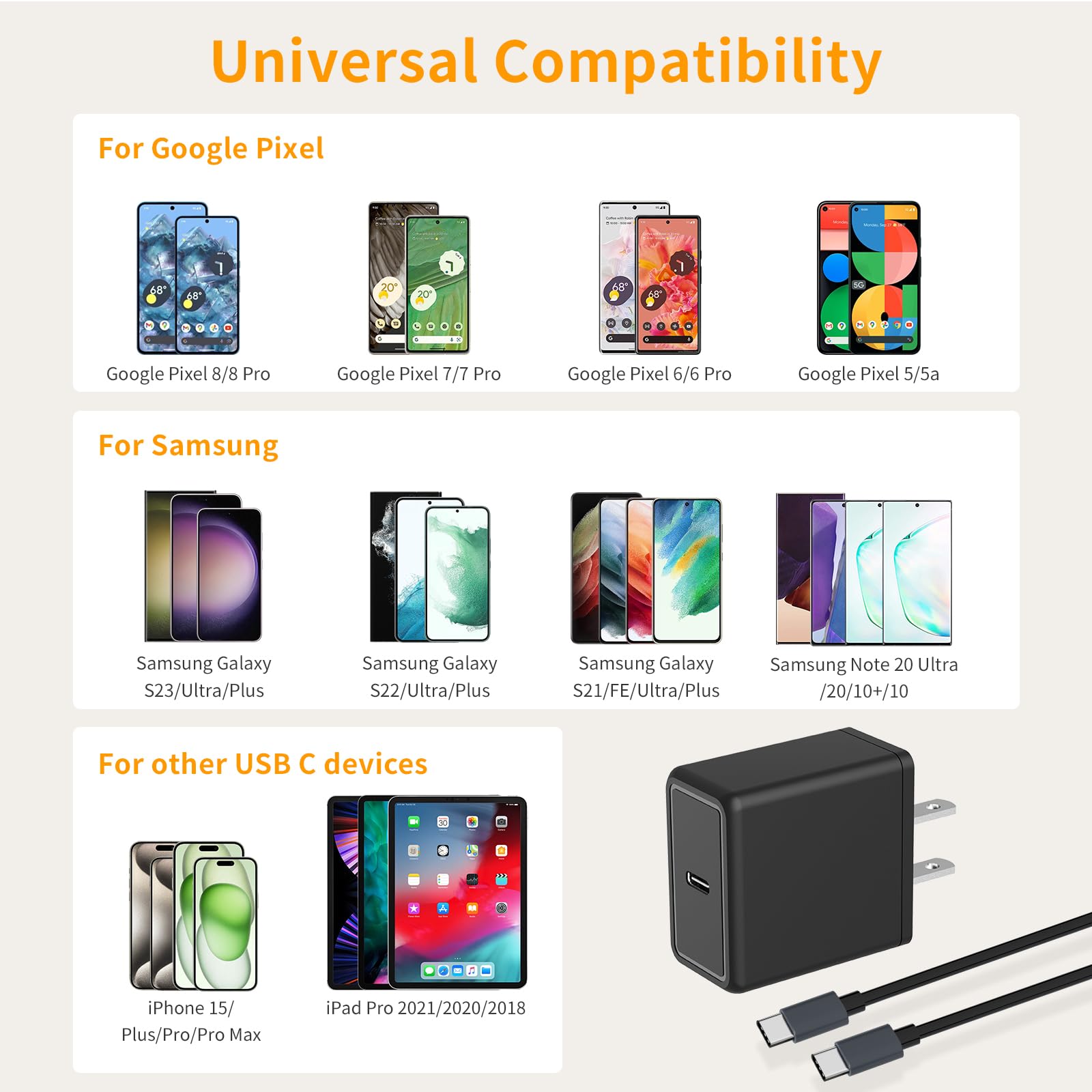 30W Pd Usb C Fast Charger, Looptimo Fast Charging Power Charger For Google Pixel 8 Pro/8/7 Pro/7/6A/6 Pro/6/5A/5/4, Samsung Gala