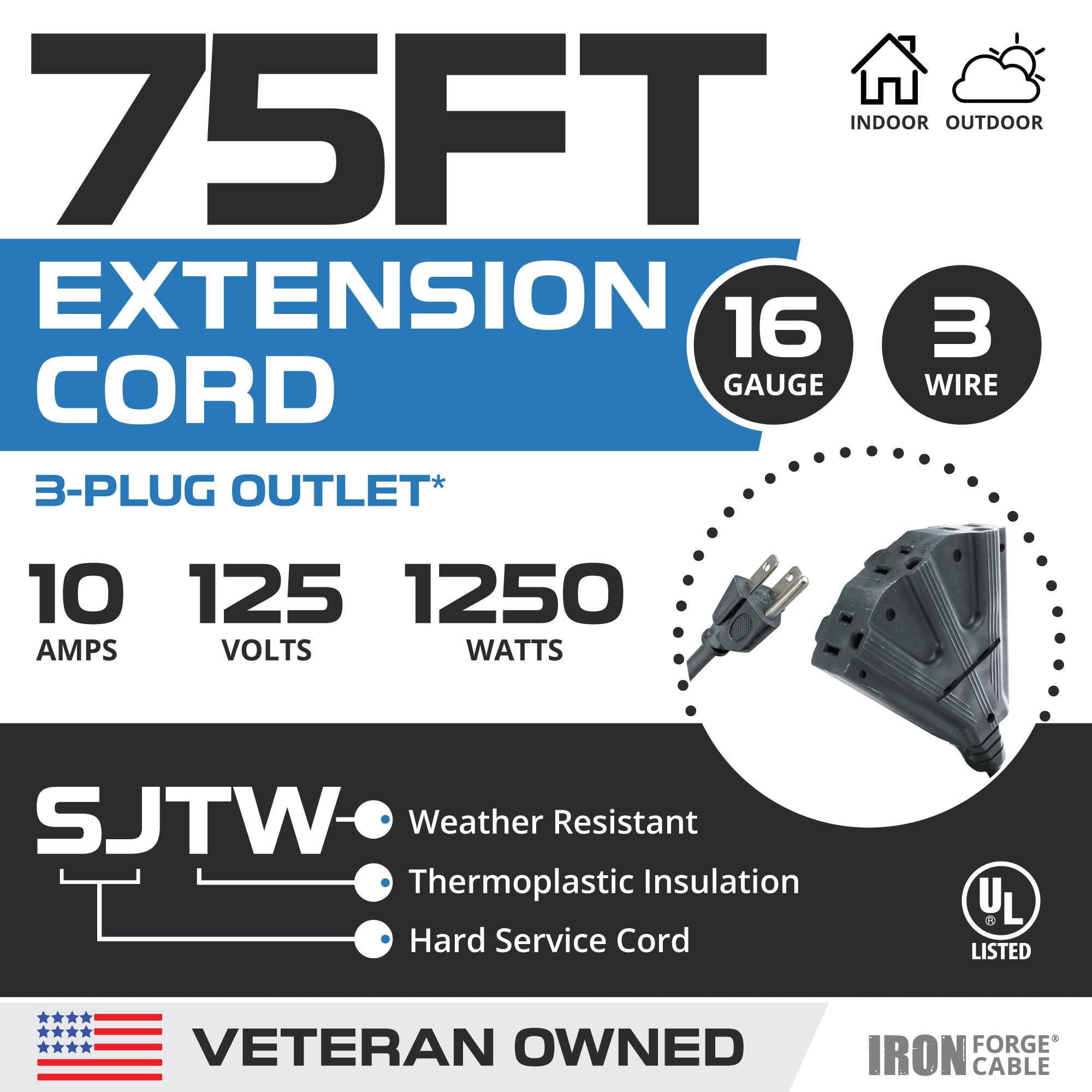 Iron Forge Cable 3 Outletoutdoor Extension Cord 75 Ft, 16/3 Sjtw Black Extension Cord With Multiple Outlets 3 Prong, 13 Amp Exte