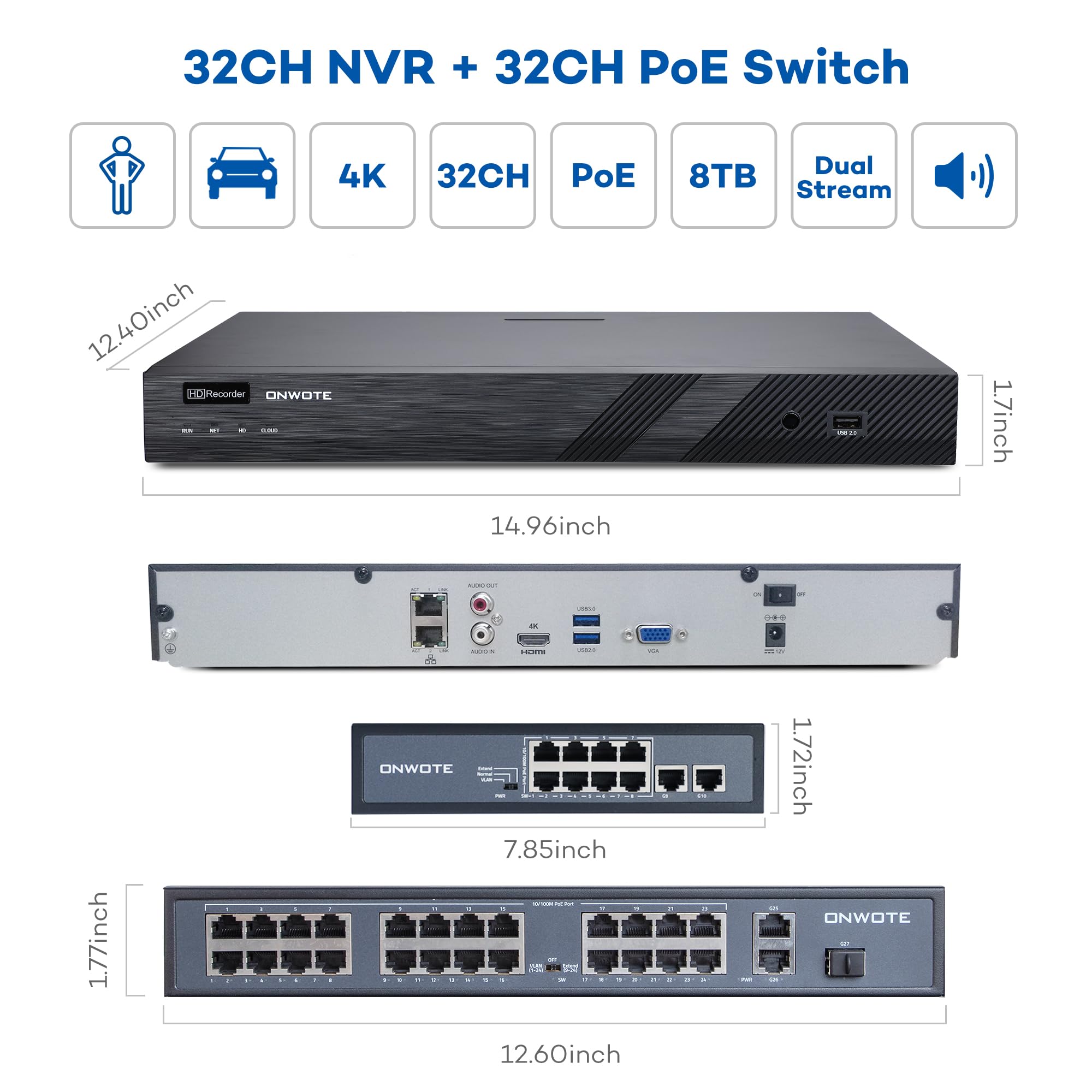 Onwote 32 Channel Security Camera System Poe, 4K 32Ch Nvr 8Tb, 32 Ports Switch, 24X 6Mp Outdoor Audio Poe Ip Cameras, Ai Human Vehicle Detection, 24X Cables 2280Ft, Commercial Cctv For Business
