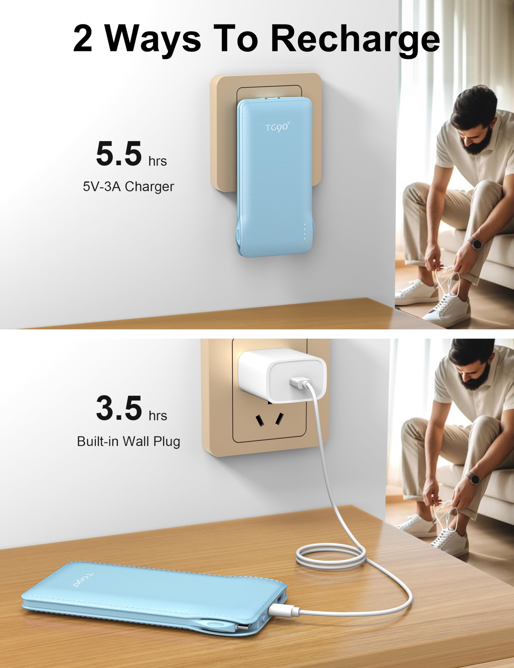 Tg90 10000Mah Power Bank With Built In Foldable Ac Wall Plug And Cables, Ultra Slim Phone External Battery Pack Portable Charger