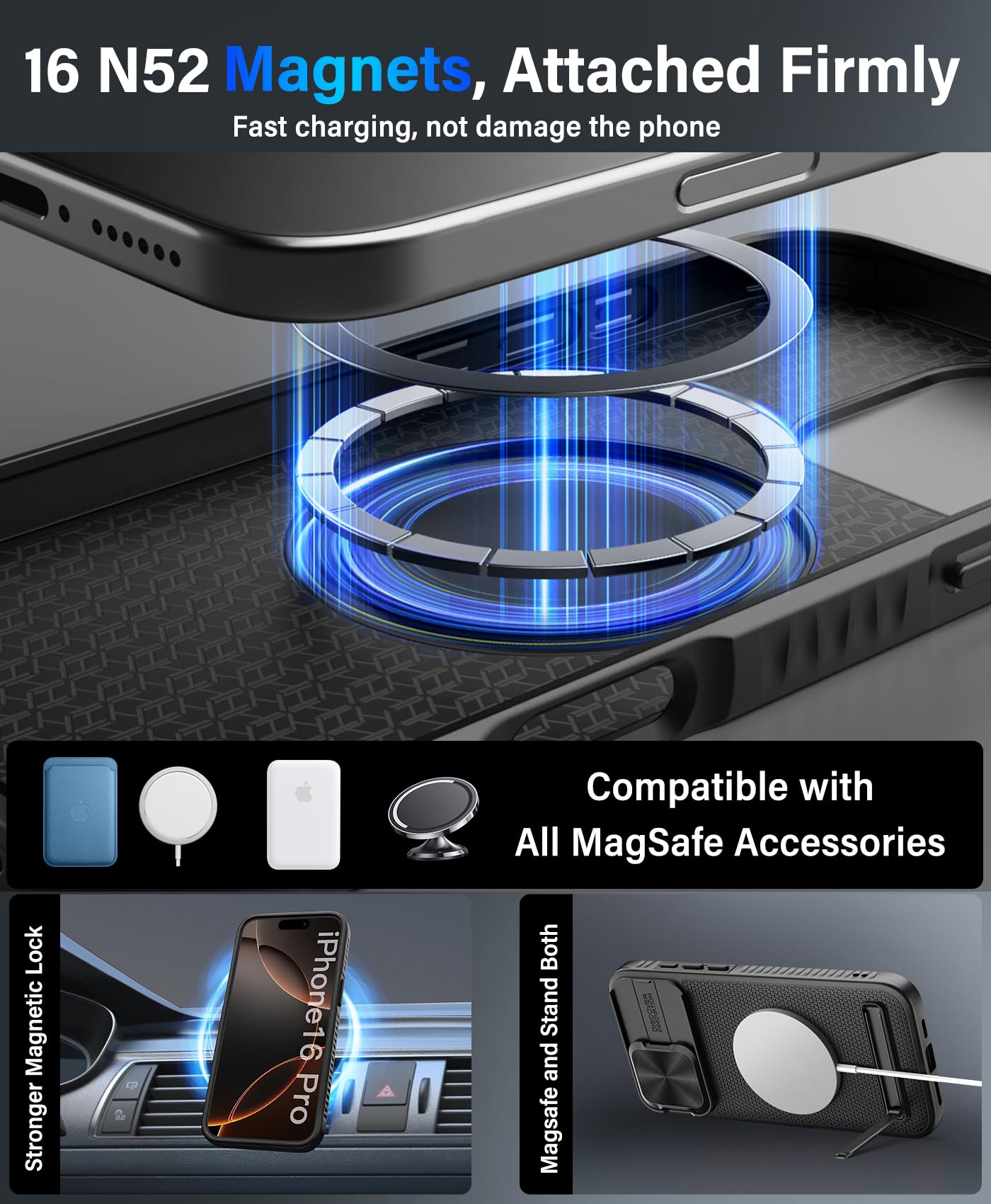 Vihibii For Iphone 16 Pro Case With Slide Camera Lens Cover & Kickstand, [Compatible With Magsafe], Military Grade Drop Protecti