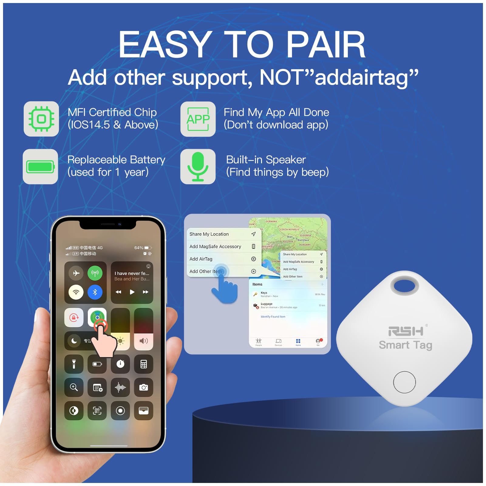 Key Finder Bluetooth Tracker Locator For Luggage Works With Apple Find My Smart Tracker For Suitcase, Bag, Backpack, Wallet,Pets