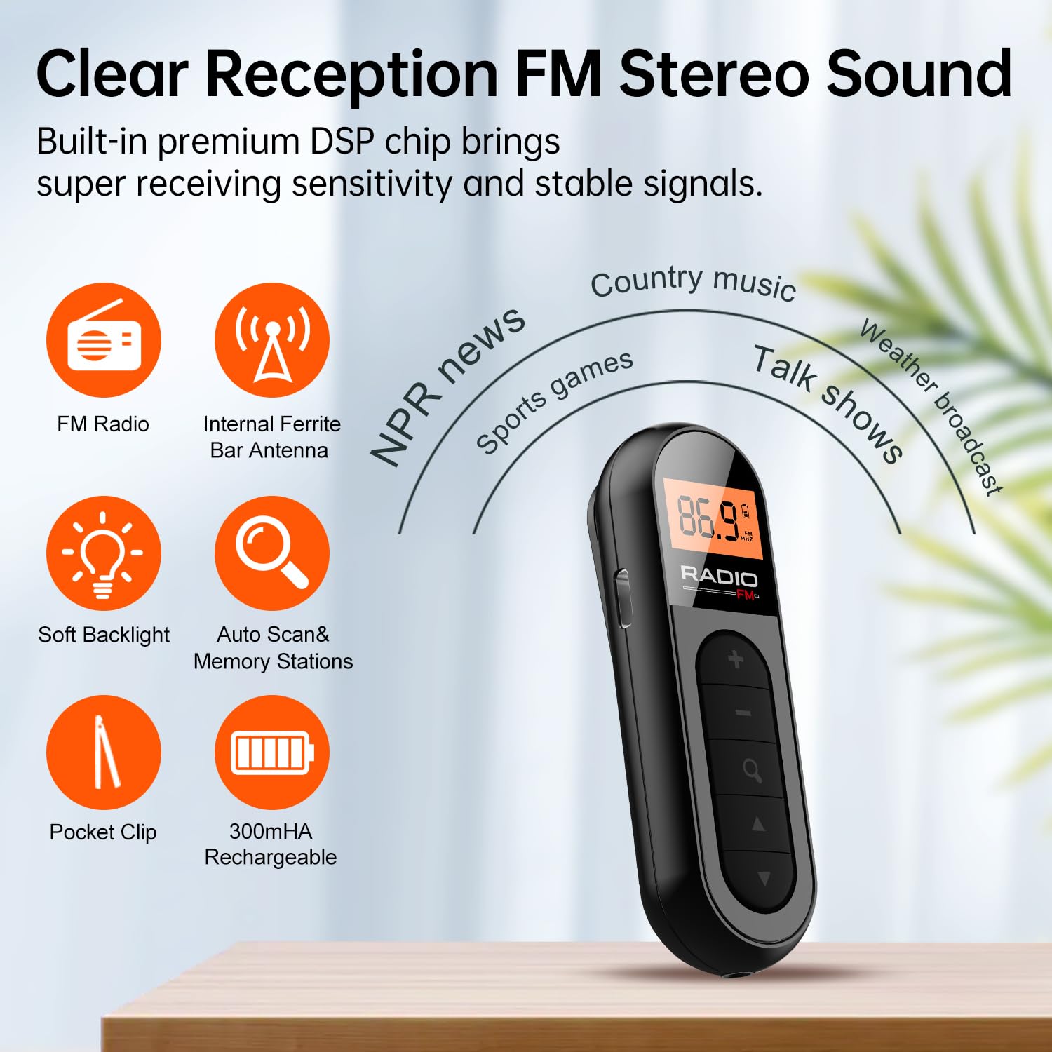 Fm Portable Radio, Rechargeable Pocket Radio With Best Reception Digital Tuning, Lcd Screen,Belt Clip, Stereo Sound Earphone Jac