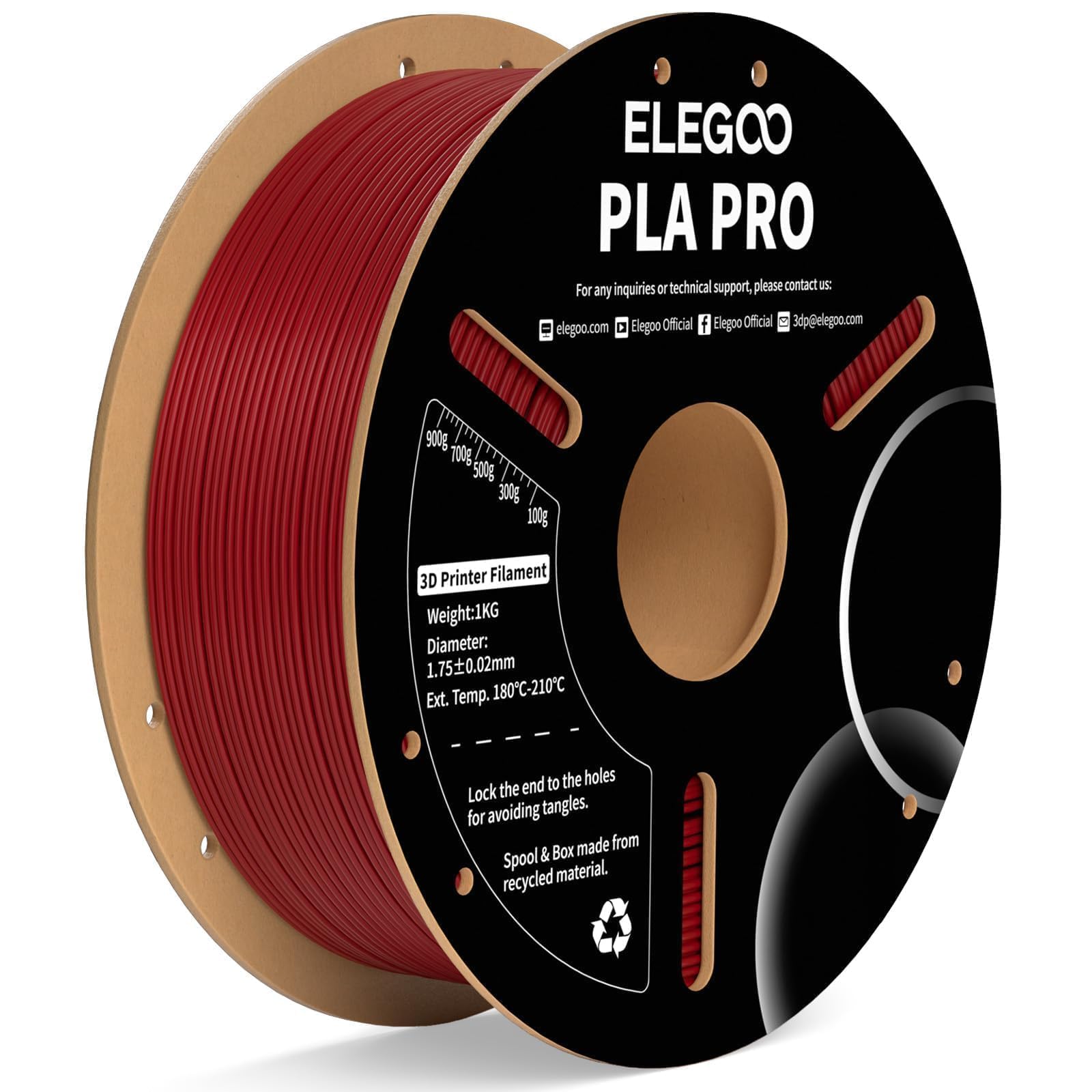 ELEGOO PLA PRO Filament 1.75mm Burgundy Red 1KG, 30-250mm/s Printing Speed Improved Rigidity 3D Printer Filament Dimensional Acc