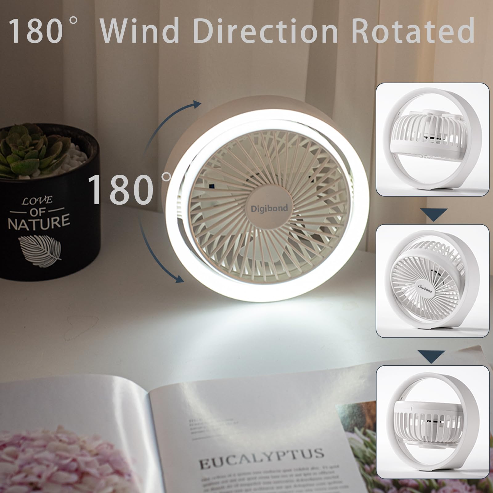 Digibond Small Desk Fan, Ultra Quite Usb Fan Portable 3000Mah Rechargeable Battery Operate, High Power 3 Speed 5.3In With Ambien