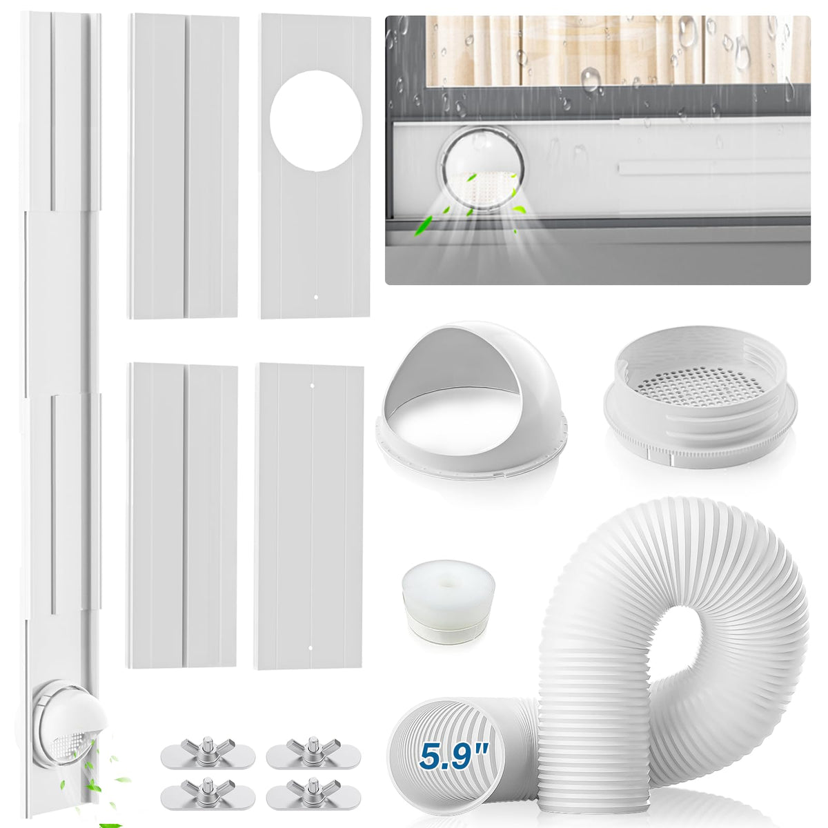 Insputer Portable Ac Window Vent Kit With 5.9'' Exhaust Hose & Coupler, Adjustable Air Conditioner Window Seal Kit For Sliding V