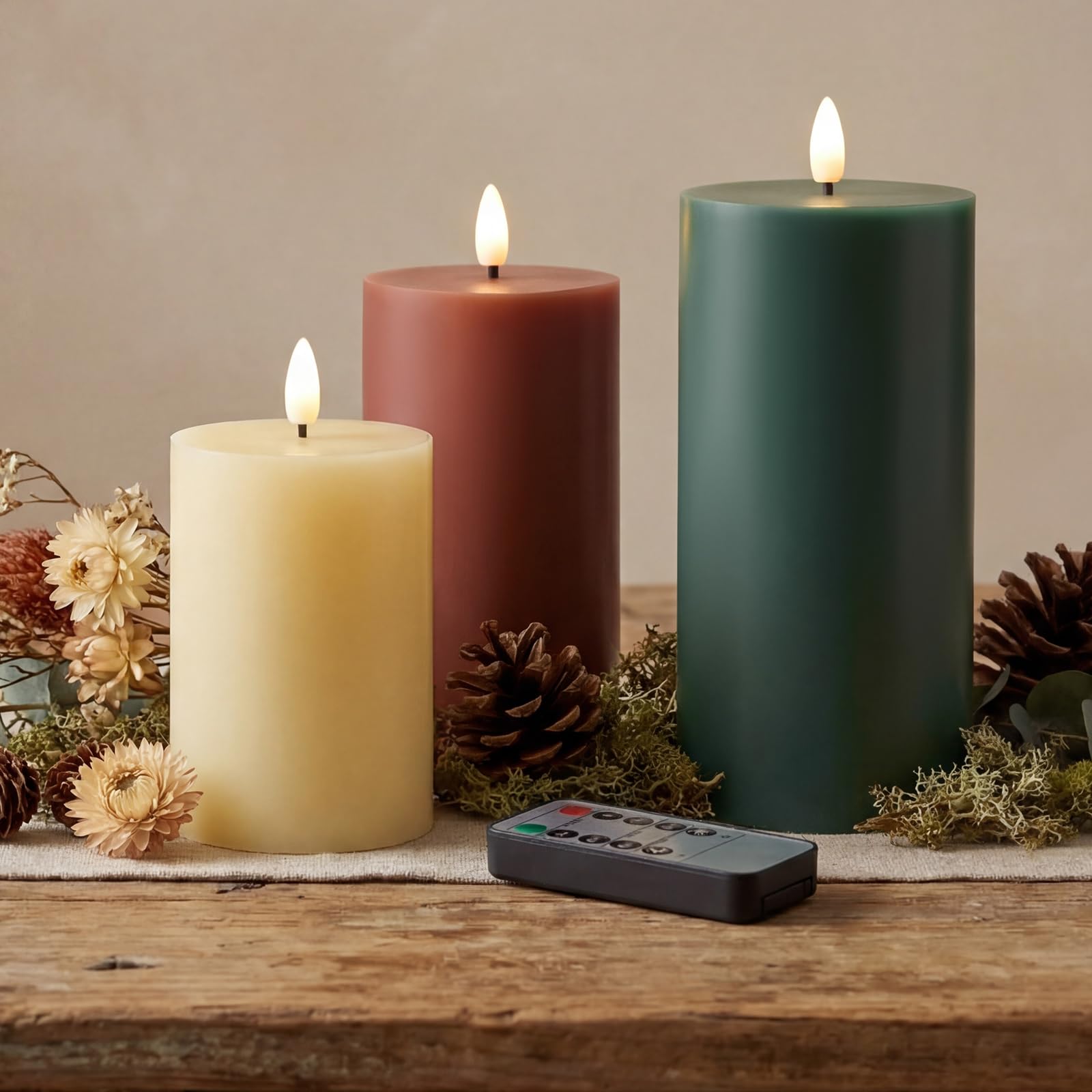 Grinsvalley 3 Pcs Flameless Candles Battery Operated LED Flickering Flameless Pillar Candles with Remote Real Wax Khaki Brown Gr