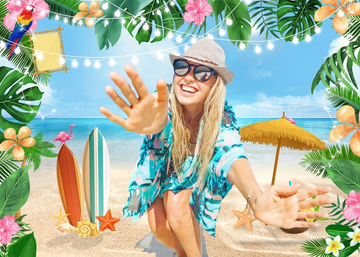 Lywygg 7X5Ft Summer Beach Backdrop Blue Sky Ocean Backdrops Coconut Tree Photo Backdrop Shower Backdrop Decoration Studio Backdr