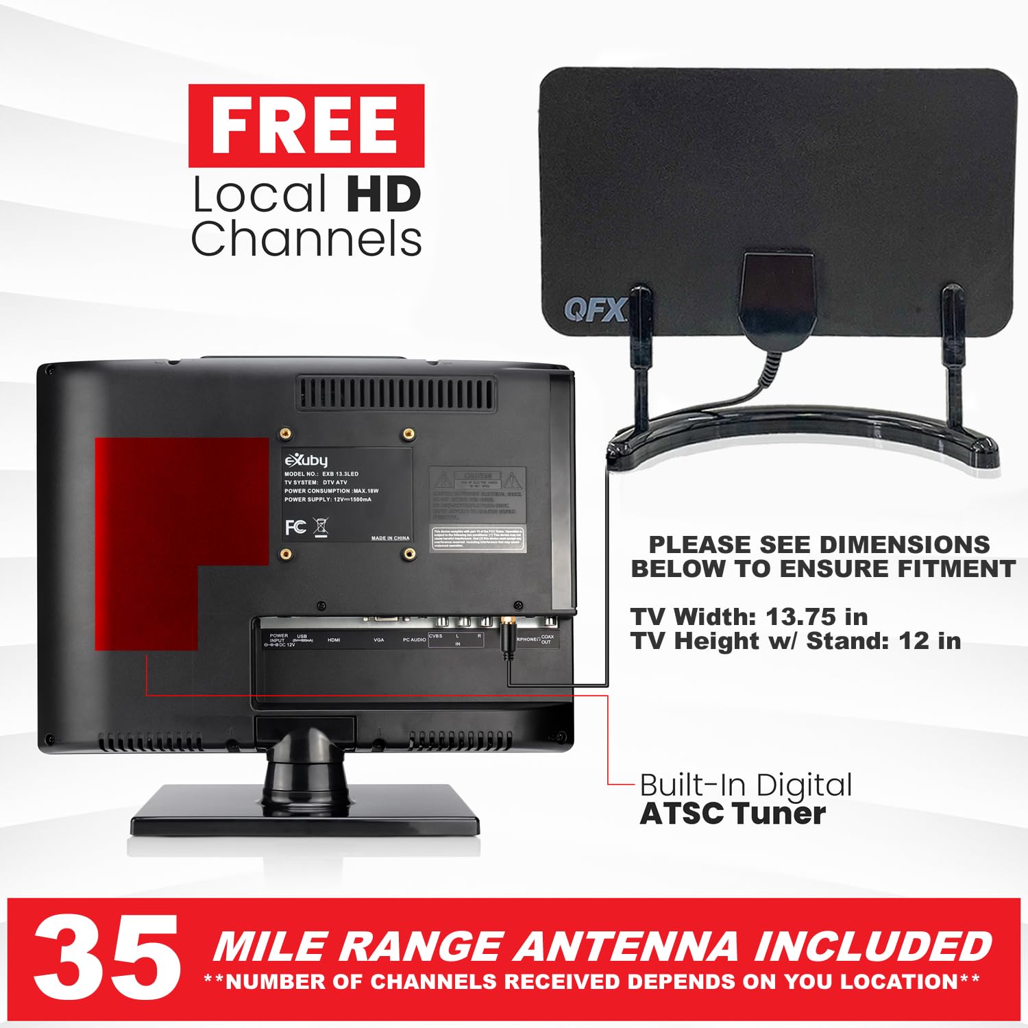 Exuby Small Flat Screen Tv W/ 35Mi Range Flat Indoor Antenna   Perfect For Kitchen, Office, Rv And More   13.3 Inch Led, Watch H